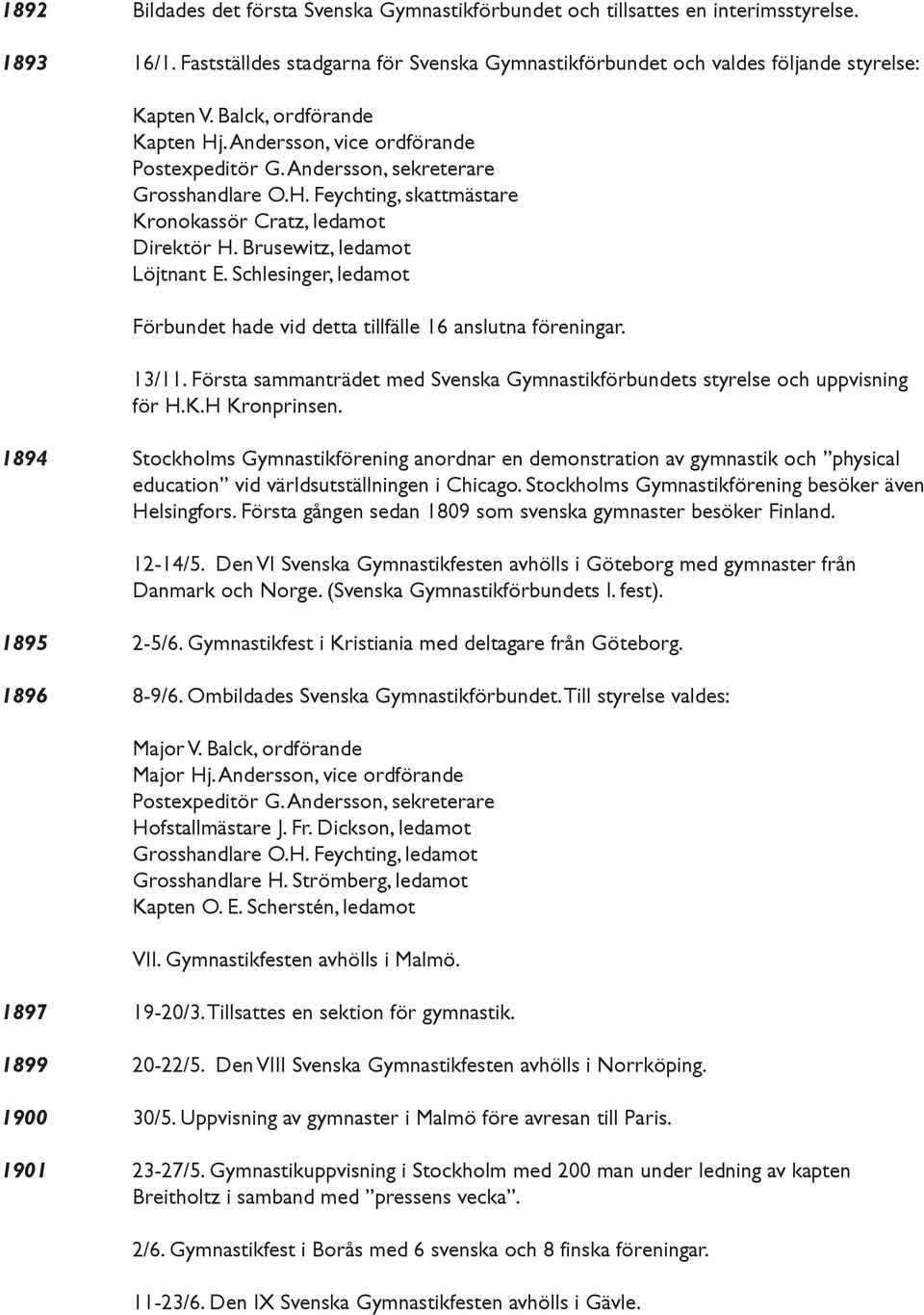 Brusewitz, ledamot Löjtnant E. Schlesinger, ledamot Förbundet hade vid detta tillfälle 16 anslutna föreningar. 13/11. Första sammanträdet med Svenska Gymnastikförbundets styrelse och uppvisning för H.