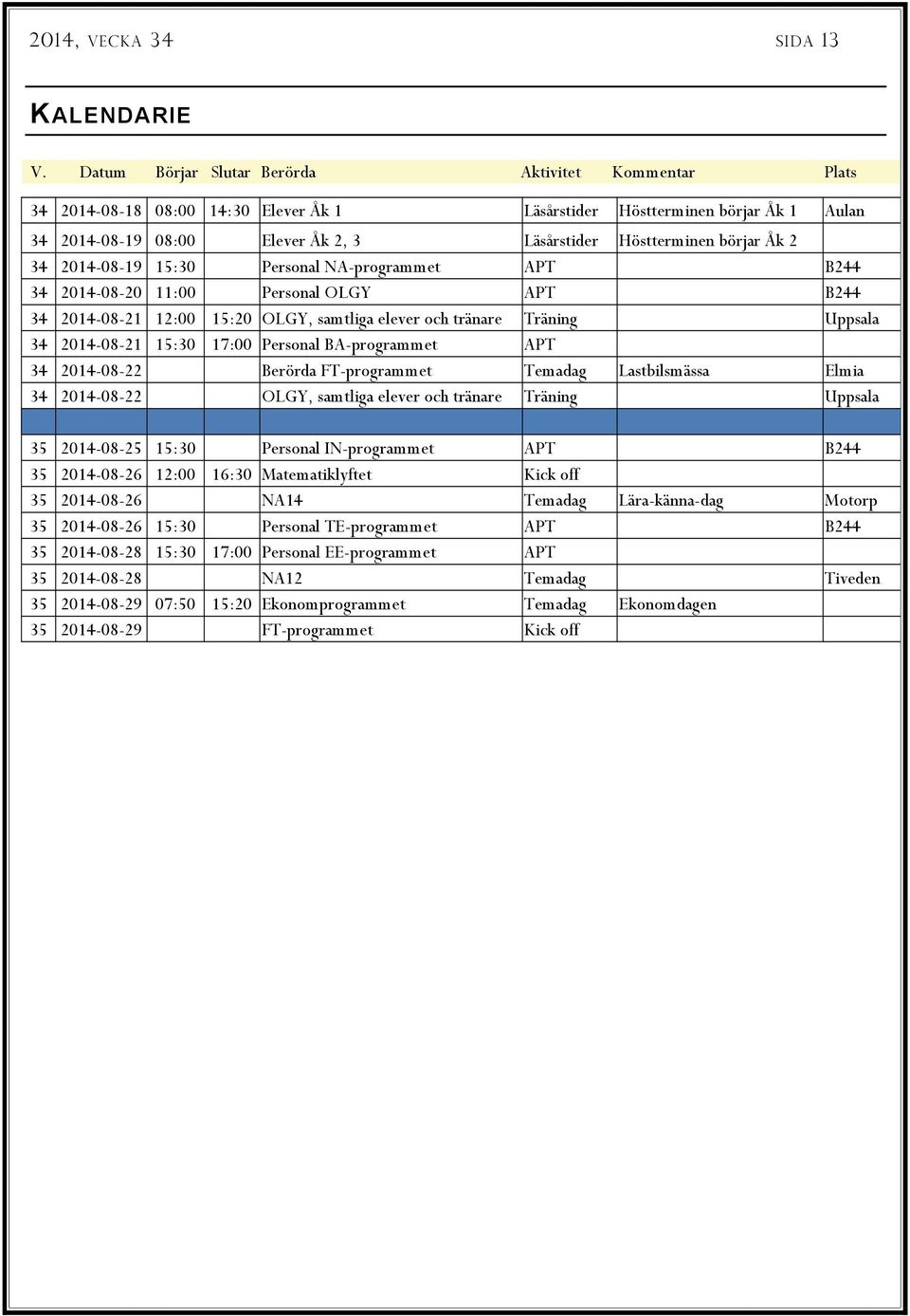 börjar Åk 2 34 2014-08-19 15:30 Personal NA-programmet APT B244 34 2014-08-20 11:00 Personal OLGY APT B244 34 2014-08-21 12:00 15:20 OLGY, samtliga elever och tränare Träning Uppsala 34 2014-08-21