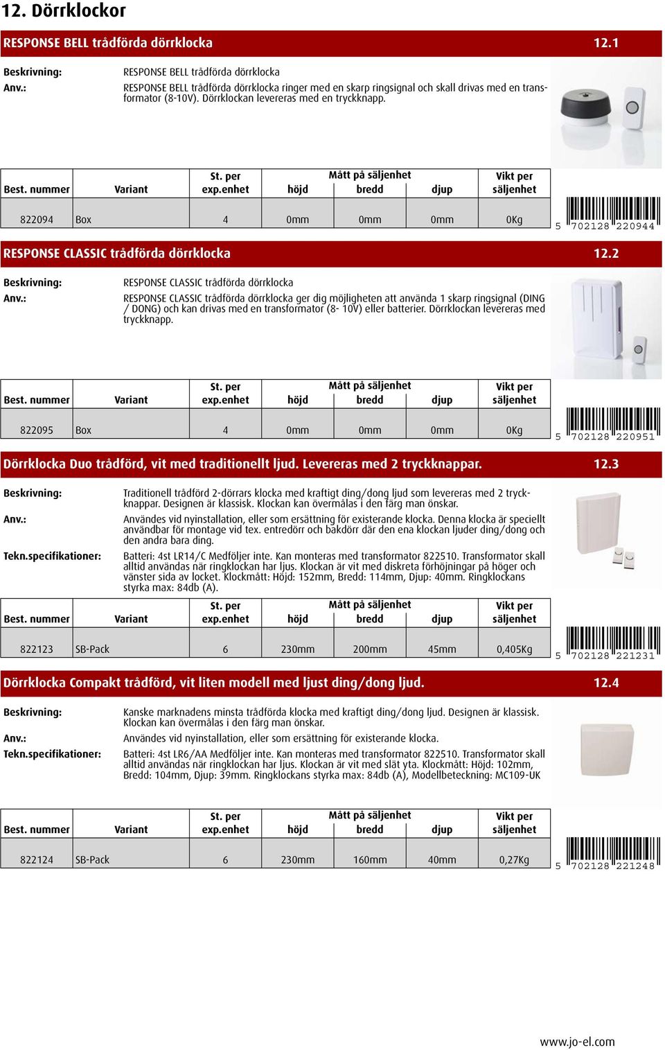 Mått på 822094 Box 4 0mm 0mm 0mm 0Kg 5 702128 220944 RESPONSE CLASSIC trådförda dörrklocka 12.