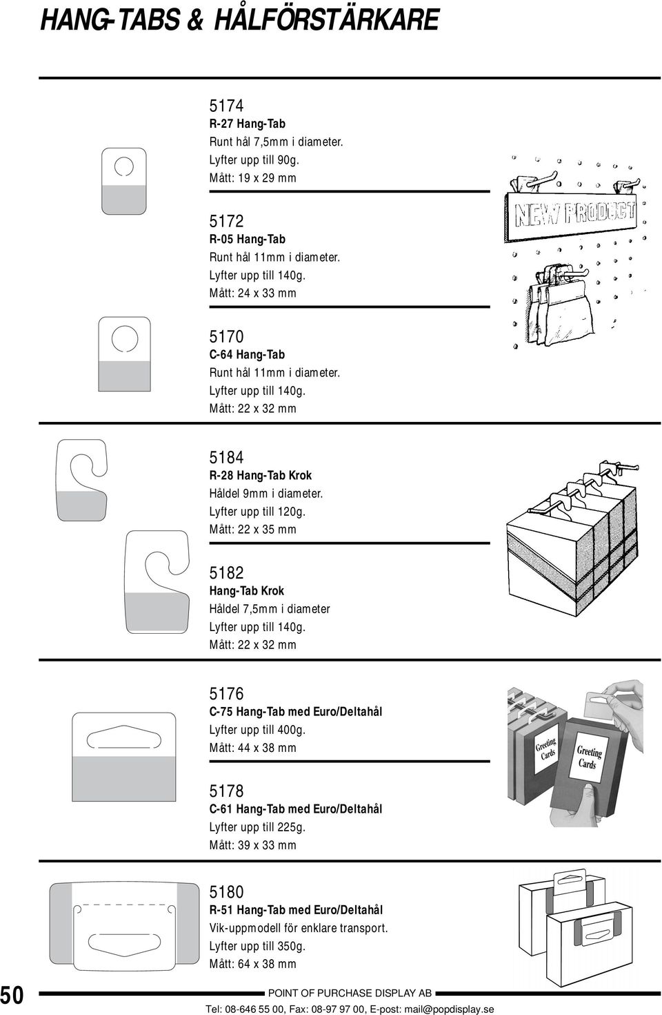 Mått: 22 x 35 mm 5182 Hang-Tab Krok Håldel 7,5mm i diameter Lyfter upp till 140g. Mått: 22 x 32 mm 5176 C-75 Hang-Tab med Euro/Deltahål Lyfter upp till 400g.