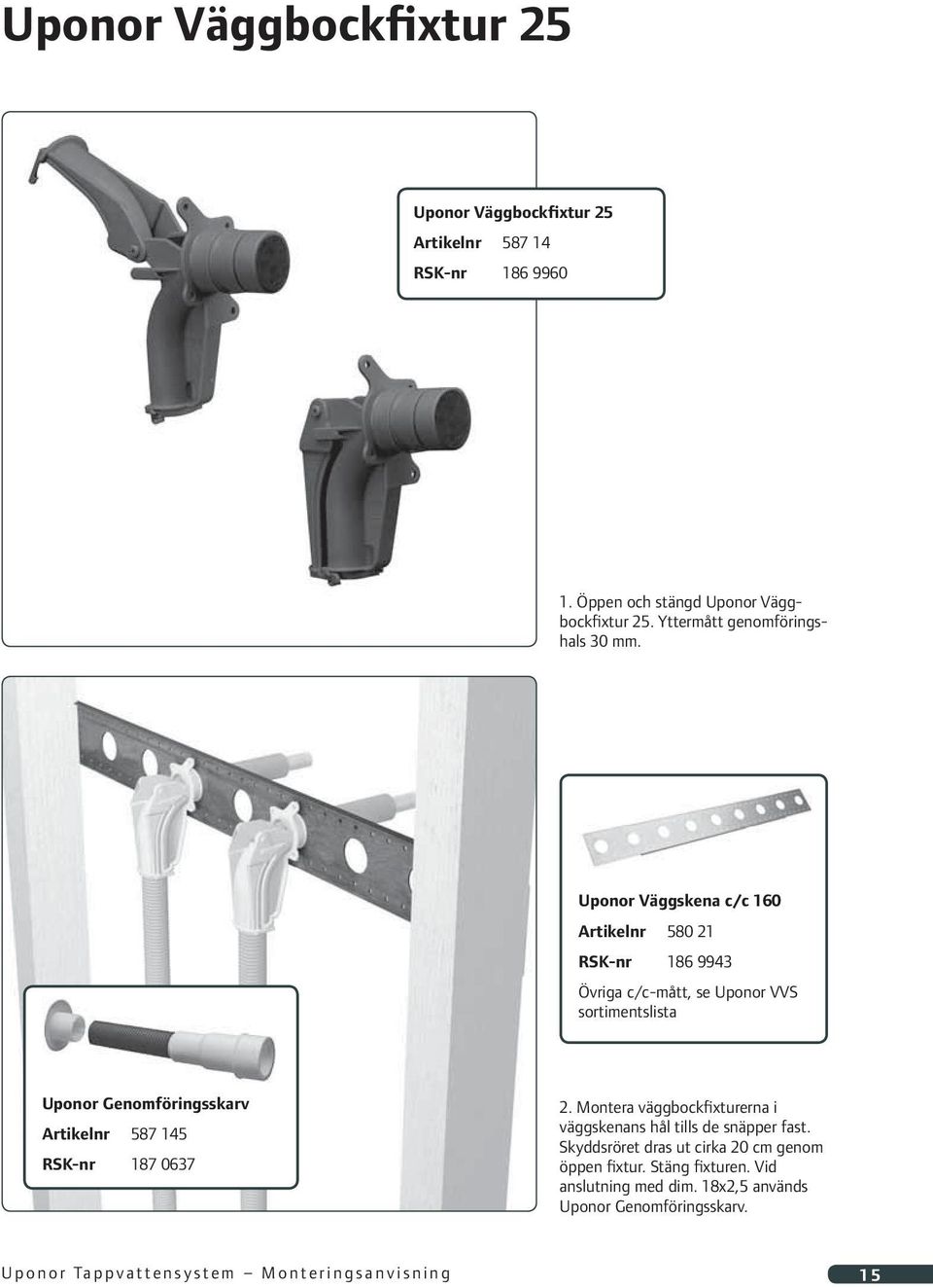 Uponor Väggskena c/c 160 Artikelnr 580 21 RSK-nr 186 9943 Övriga c/c-mått, se Uponor VVS sortimentslista Uponor Genomföringsskarv Artikelnr 587