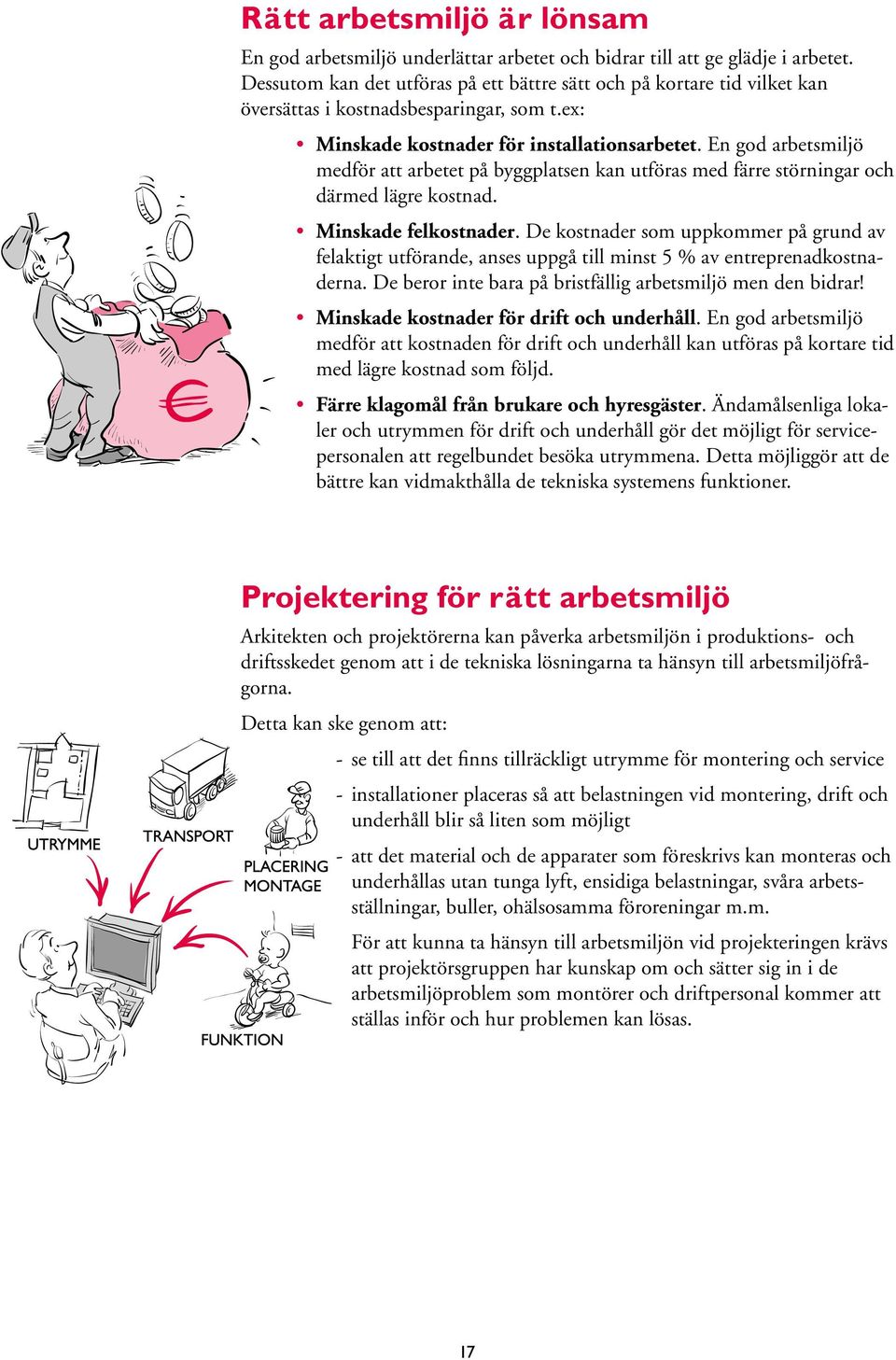 En god arbetsmiljö medför att arbetet på byggplatsen kan utföras med färre störningar och därmed lägre kostnad. Minskade felkostnader.