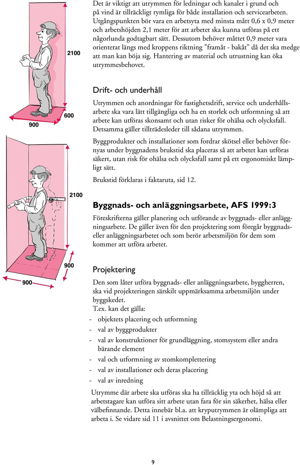 Dessutom behöver måttet 0,9 meter vara orienterat längs med kroppens riktning framåt - bakåt då det ska medge att man kan böja sig. Hantering av material och utrustning kan öka utrymmesbehovet.