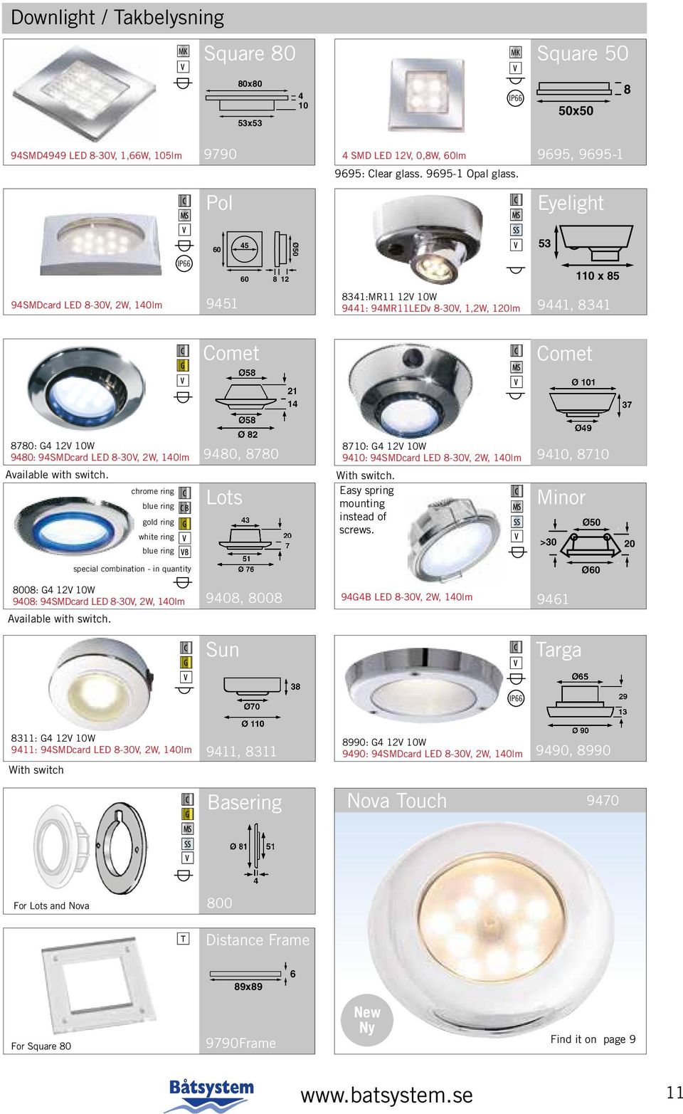 94SMDcard LED 8-30V, 2W, 140lm Available with switch. chrome ring blue ring gold ring white ring blue ring 9480, 8780 Lots 8710: G4 12V 10W 9410: 94SMDcard LED 8-30V, 2W, 140lm With switch.