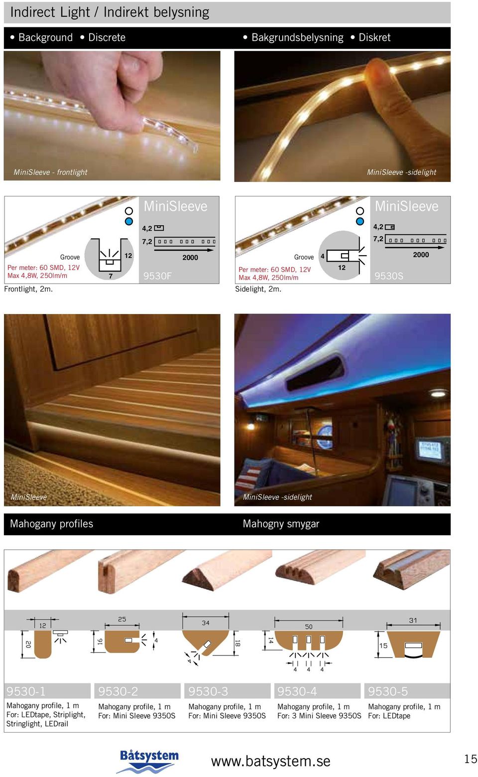 12 9530S 2000 MiniSleeve MiniSleeve -sidelight Mahogany profiles Mahogny smygar 31 15 11 9530-1 Mahogany profile, 1 m For: LEDtape, Striplight, Stringlight, LEDrail 9530-2