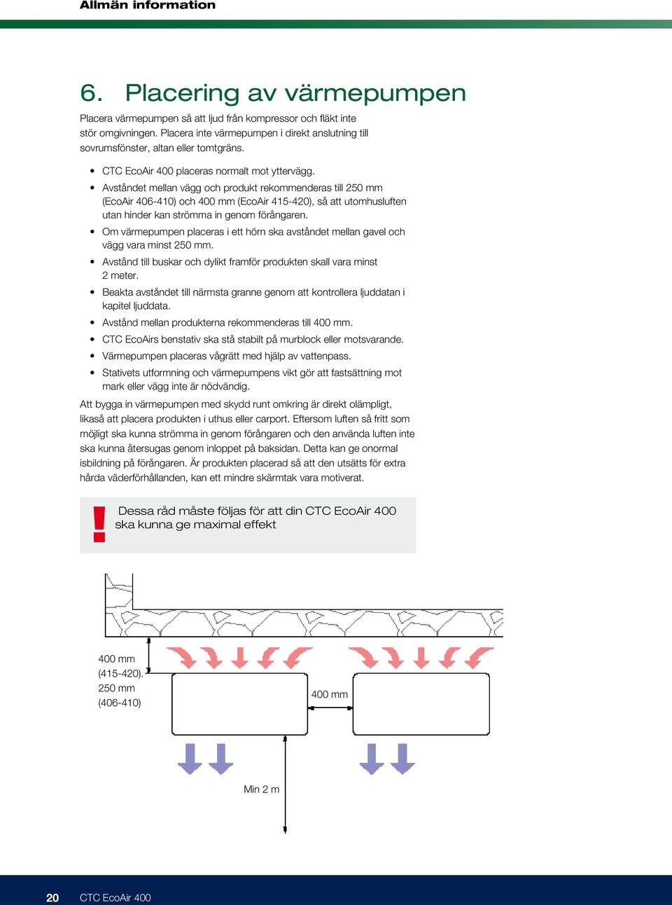 Avståndet mellan vägg och produkt rekommenderas till 250 mm (EcoAir 406-410) och 400 mm (EcoAir 415-420), så att utomhusluften utan hinder kan strömma in genom förångaren.