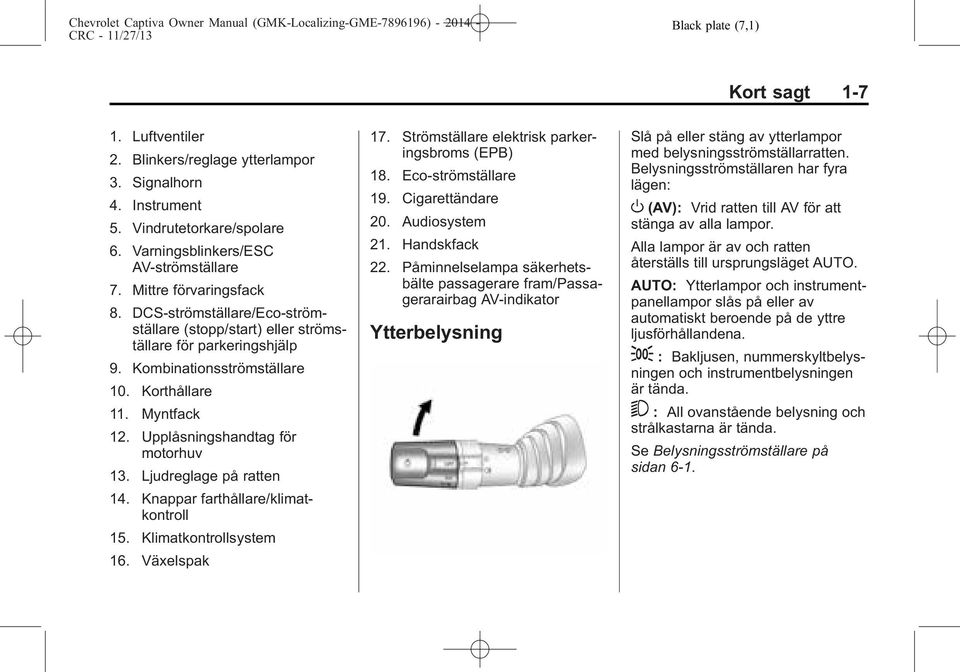 Upplåsningshandtag för motorhuv 13. Ljudreglage på ratten 14. Knappar farthållare/klimatkontroll 15. Klimatkontrollsystem 16. Växelspak 17. Strömställare elektrisk parkeringsbroms (EPB) 18.