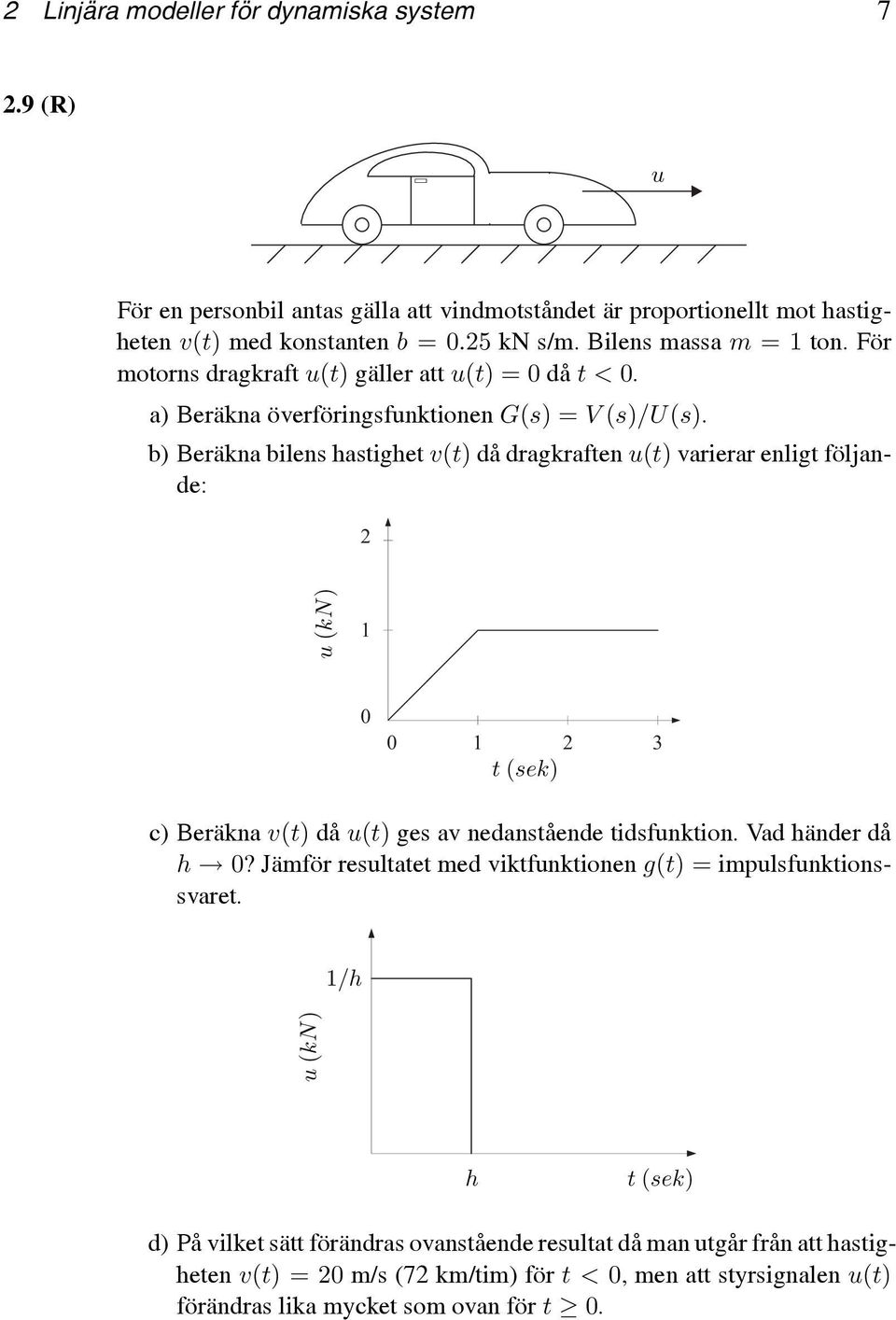 b) Beräkna bilens hastighet v(t) då dragkraftenu(t) varierar enligt följande: 2 u (kn) 0 0 2 3 t (sek) c) Beräkna v(t) då u(t) ges av nedanstående tidsfunktion. Vad händer då h 0?