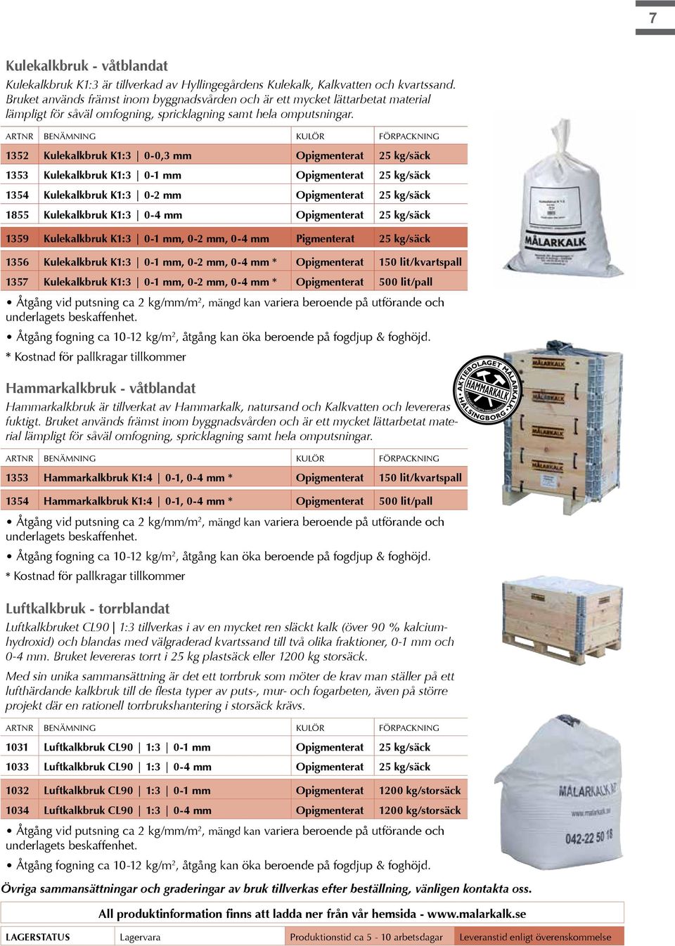 1352 Kulekalkbruk K1:3 0-0,3 mm Opigmenterat 25 kg/säck 1353 Kulekalkbruk K1:3 0-1 mm Opigmenterat 25 kg/säck 1354 Kulekalkbruk K1:3 0-2 mm Opigmenterat 25 kg/säck 1855 Kulekalkbruk K1:3 0-4 mm