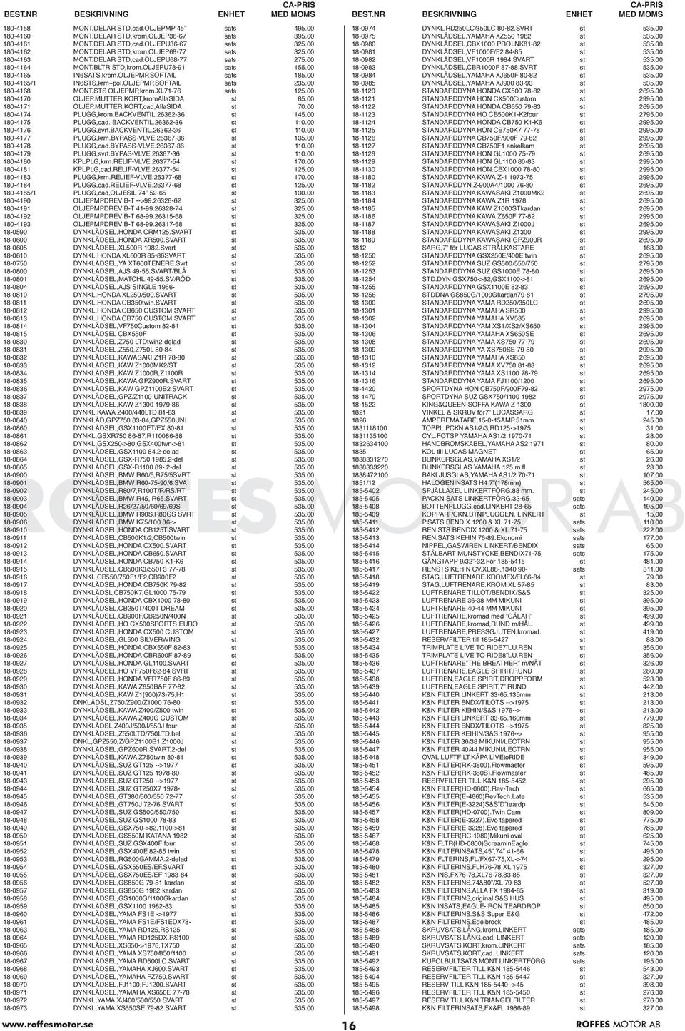 00 180-4168 MONT.STS OLJEPMP,krom.XL71-76 sats 125.00 180-4170 OLJEP.MUTTER,KORT,kromAllaSIDA st 85.00 180-4171 OLJEP.MUTTER,KORT,cad,AllaSIDA st 70.00 180-4174 PLUGG,krom.BACKVENTIL.26362-36 st 145.