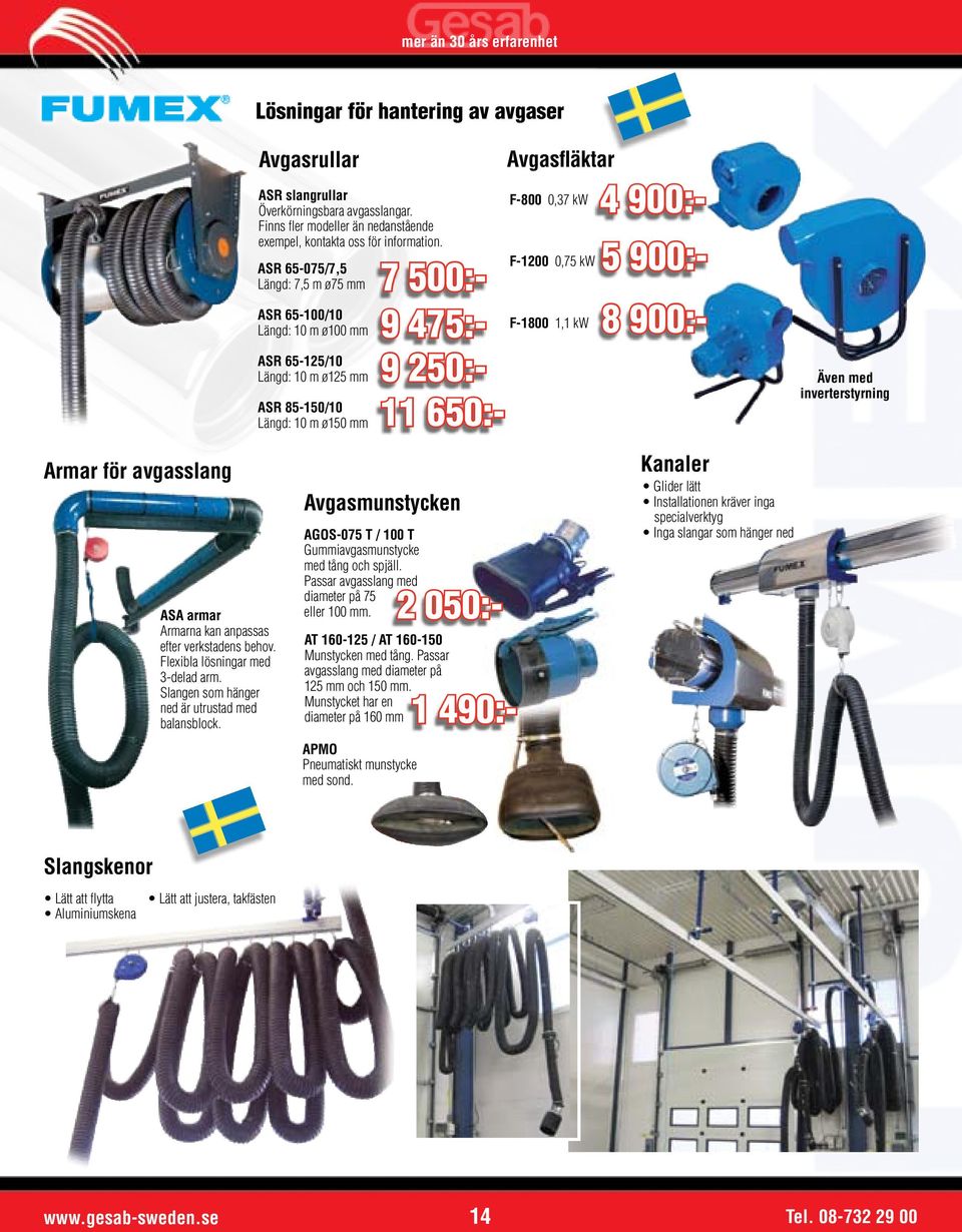 ASR 65-075/7,5 Längd: 7,5 m ø75 mm ASR 65-100/10 Längd: 10 m ø100 mm ASR 65-125/10 Längd: 10 m ø125 mm ASR 85-150/10 Längd: 10 m ø150 mm Avgasmunstycken APMO Pneumatiskt munstycke med sond.