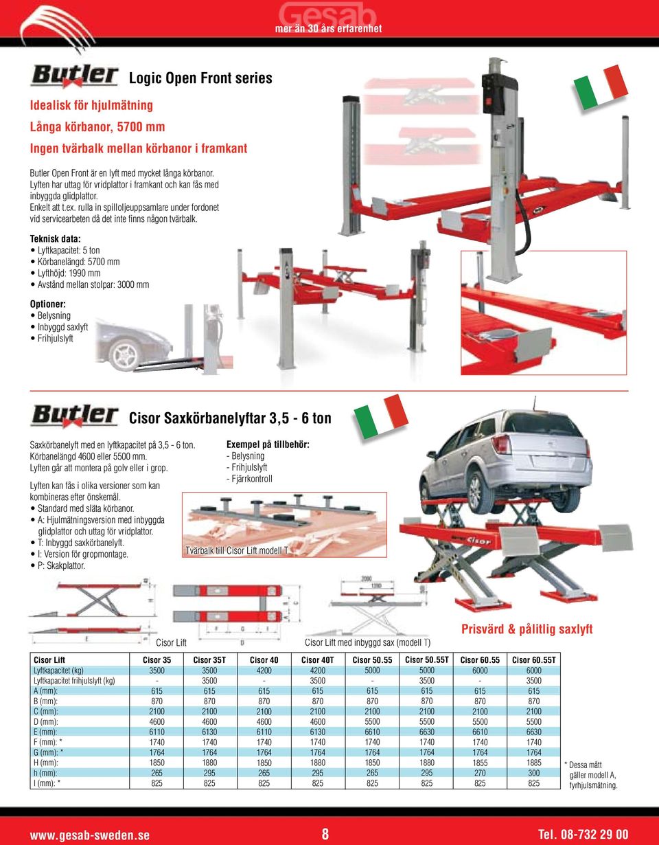 Teknisk data: Lyftkapacitet: 5 ton Körbanelängd: 5700 mm Lyfthöjd: 1990 mm Avstånd mellan stolpar: 3000 mm Optioner: Belysning Inbyggd saxlyft Frihjulslyft Saxkörbanelyft med en lyftkapacitet på