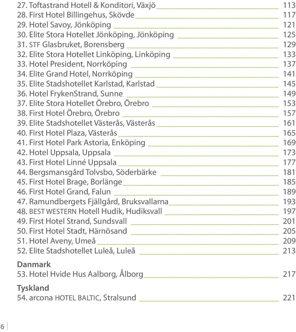 Elite Stadshotellet Karlstad, Karlstad 145 36. Hotel FrykenStrand, Sunne 149 37. Elite Stora Hotellet Örebro, Örebro 153 38. First Hotel Örebro, Örebro 157 39.