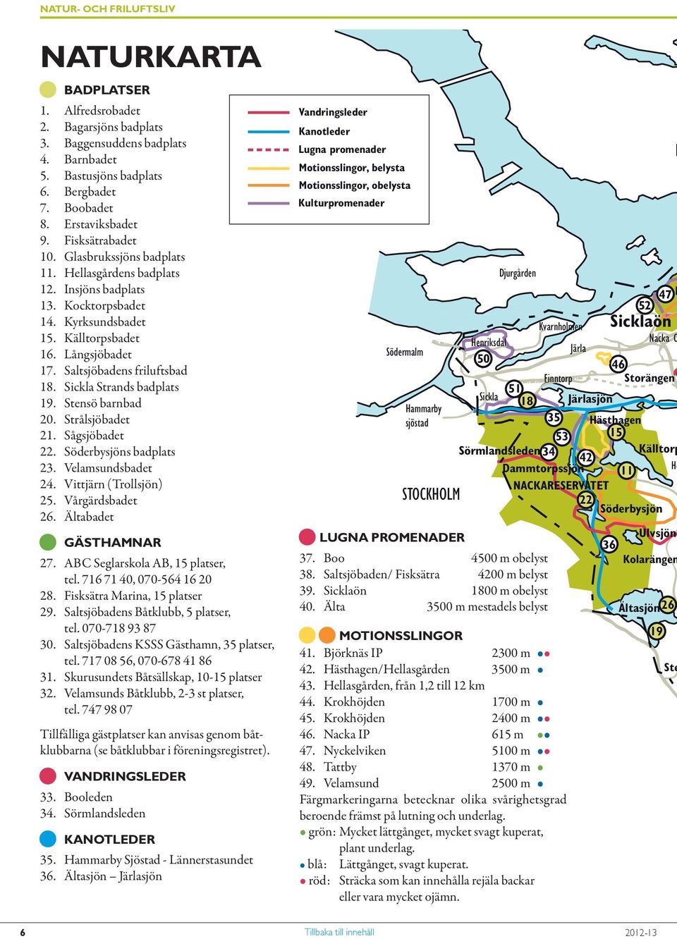 Saltsjöbadens friluftsbad 18. Sickla Strands badplats 19. Stensö barnbad 20. Strålsjöbadet 21. Sågsjöbadet 22. Söderbysjöns badplats 23. Velamsundsbadet 24. Vittjärn (Trollsjön) 25. Vårgärdsbadet 26.