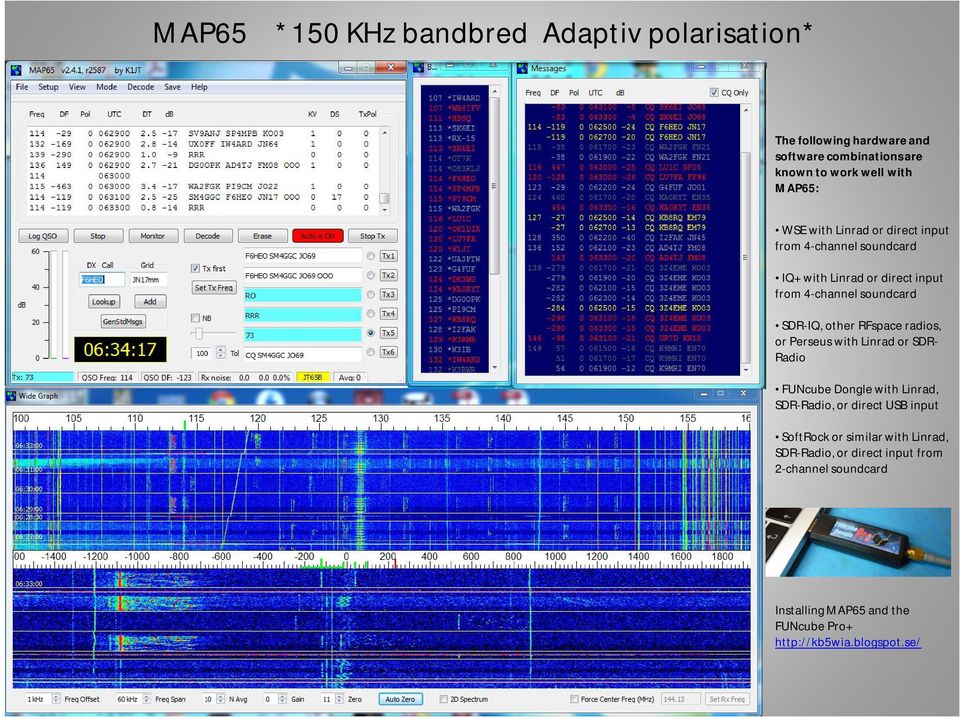 RFspace radios, or Perseus with Linrad or SDR- Radio FUNcube Dongle with Linrad, SDR-Radio, or direct USB input SoftRock or