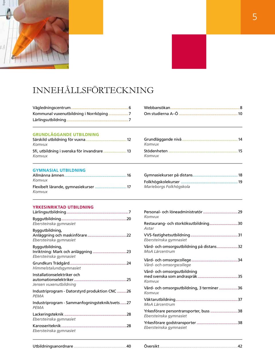 ..15 Komvux GYMNASIAL UTBILDNING Allmänna ämnen...16 Komvux Flexibelt lärande, gymnasiekurser...17 Komvux Gymnasiekurser på distans...18 Folkhögskolekurser.