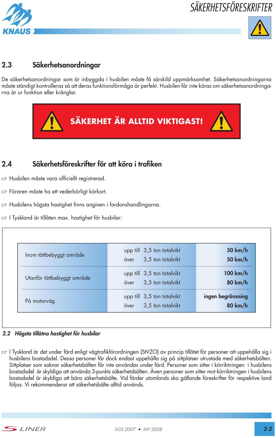 SÄKERHET ÄR ALLTID VIKTIGAST! 2.4 Säkerhetsföreskrifter för att köra i trafiken Husbilen måste vara officiellt registrerad. Föraren måste ha ett vederbörligt körkort.