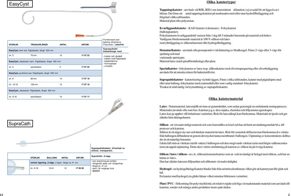 EasyCyst, utbytesset, barn, Pigtailspets, längd 500 mm ch 5 spiralledare 5 17 07 22 EasyCyst, punktions-set, Pigtailspets, längd 550 mm ch 8 80 mm 10 17 07 18 ch 10-16 120 mm 10 17 07 18 EasyCyst,