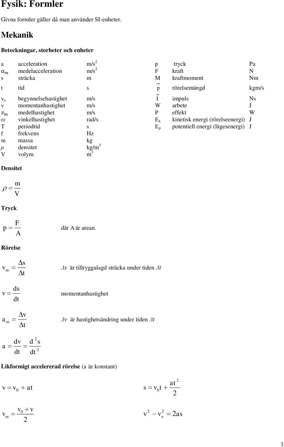 impuls Ns v momentanhastighet m/s W arbete J medelhastighet m/s P effekt W ω vinkelhastighet rad/s E k kinetisk energi (rörelseenergi) J T periodtid s E p potentiell energi (lägesenergi) J f