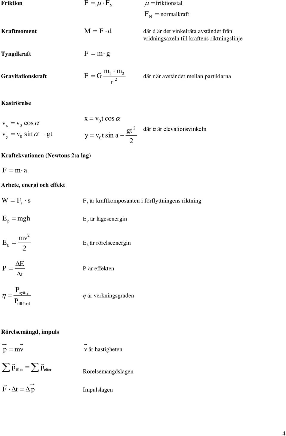 elevationsvinkeln Kraftekvationen (Newtons :a lag) F ma Arbete, energi och effekt W F s F s är kraftkomposanten i förflyttningens riktning s E p mgh E p är