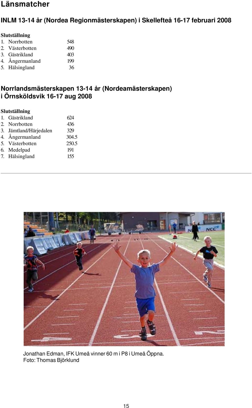 Hälsingland 36 Norrlandsmästerskapen 13-14 år (Nordeamästerskapen) i Örnsköldsvik 16-17 aug 2008 Slutställning 1.