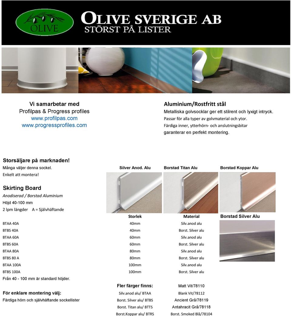 Alu Borstad Titan Alu Borstad Koppar Alu Enkelt att montera! Skirting Board Anodiserad / Borstad Aluminium Höjd 40-100 mm 2 lpm längder A = Självhäftande Borstad Silver Alu BTAA 40A 40mm Silv.