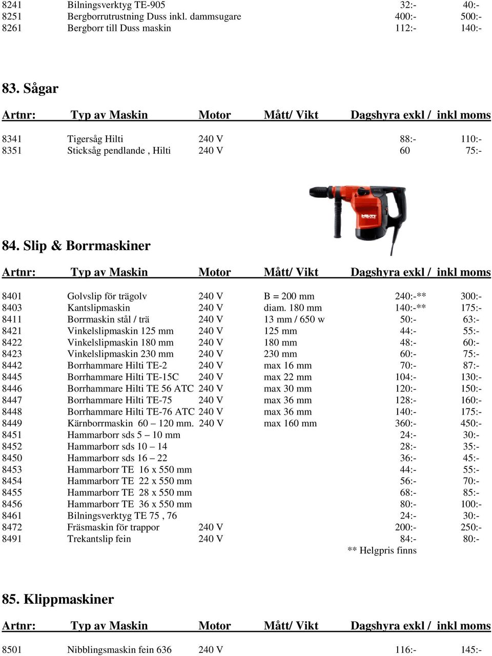 180 mm 140:-** 175:- 8411 Borrmaskin stål / trä 240 V 13 mm / 650 w 50:- 63:- 8421 Vinkelslipmaskin 125 mm 240 V 125 mm 44:- 55:- 8422 Vinkelslipmaskin 180 mm 240 V 180 mm 48:- 60:- 8423