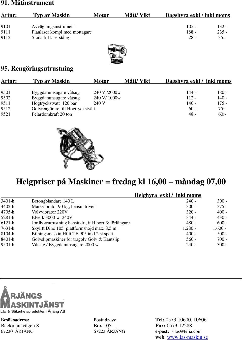 Högtryckstvätt 60:- 75:- 9521 Pelardomkraft 20 ton 48:- 60:- Helgpriser på Maskiner = fredag kl 16,00 måndag 07,00 Helghyra exkl / inkl moms 3401-h Betongblandare 140 L 240:- 300:- 4402-h