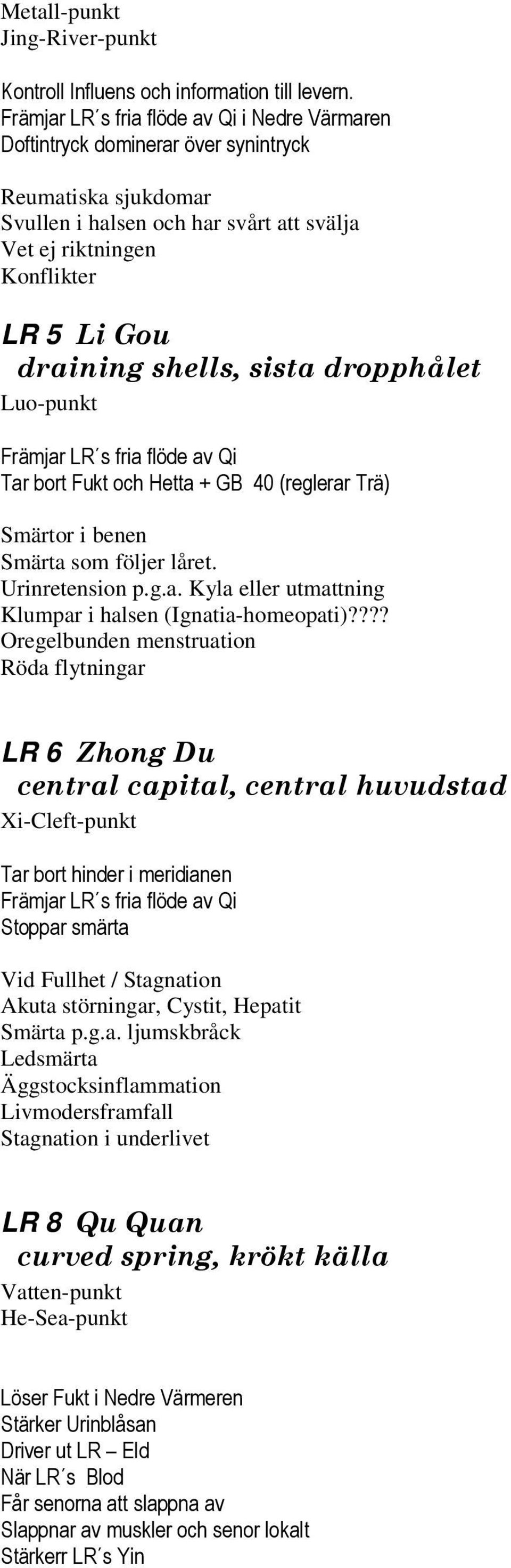 shells, sista dropphålet Luo-punkt Främjar LR s fria flöde av Qi Tar bort Fukt och Hetta + GB 40 (reglerar Trä) Smärtor i benen Smärta som följer låret. Urinretension p.g.a. Kyla eller utmattning Klumpar i halsen (Ignatia-homeopati)?