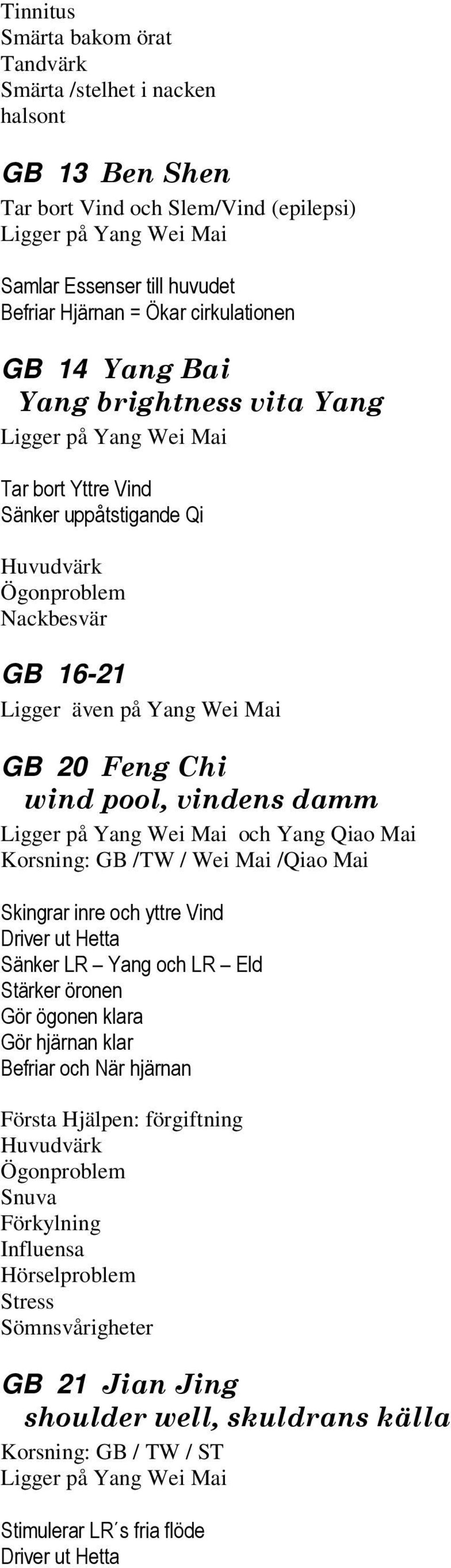 Feng Chi wind pool, vindens damm Ligger på Yang Wei Mai och Yang Qiao Mai Korsning: GB /TW / Wei Mai /Qiao Mai Skingrar inre och yttre Vind Sänker LR Yang och LR Eld Stärker öronen Gör ögonen klara