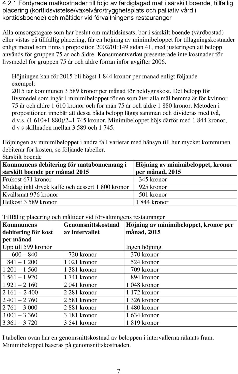 tillagningskostnader enligt metod som finns i proposition 2002/01:149 sidan 41, med justeringen att belopp används för gruppen 75 år och äldre.