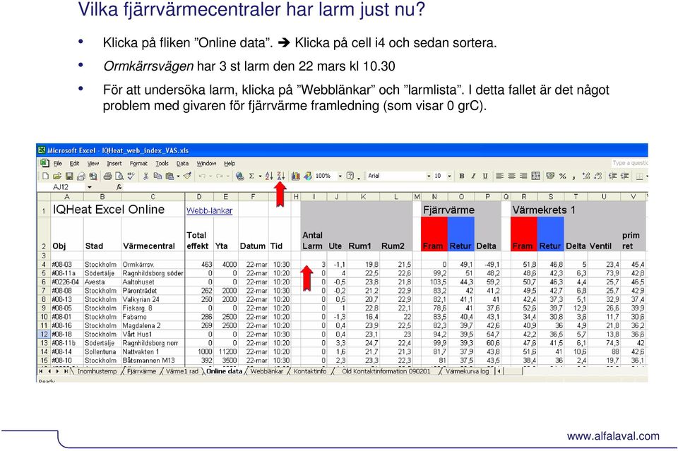 30 För att undersöka larm, klicka på Webblänkar och larmlista.