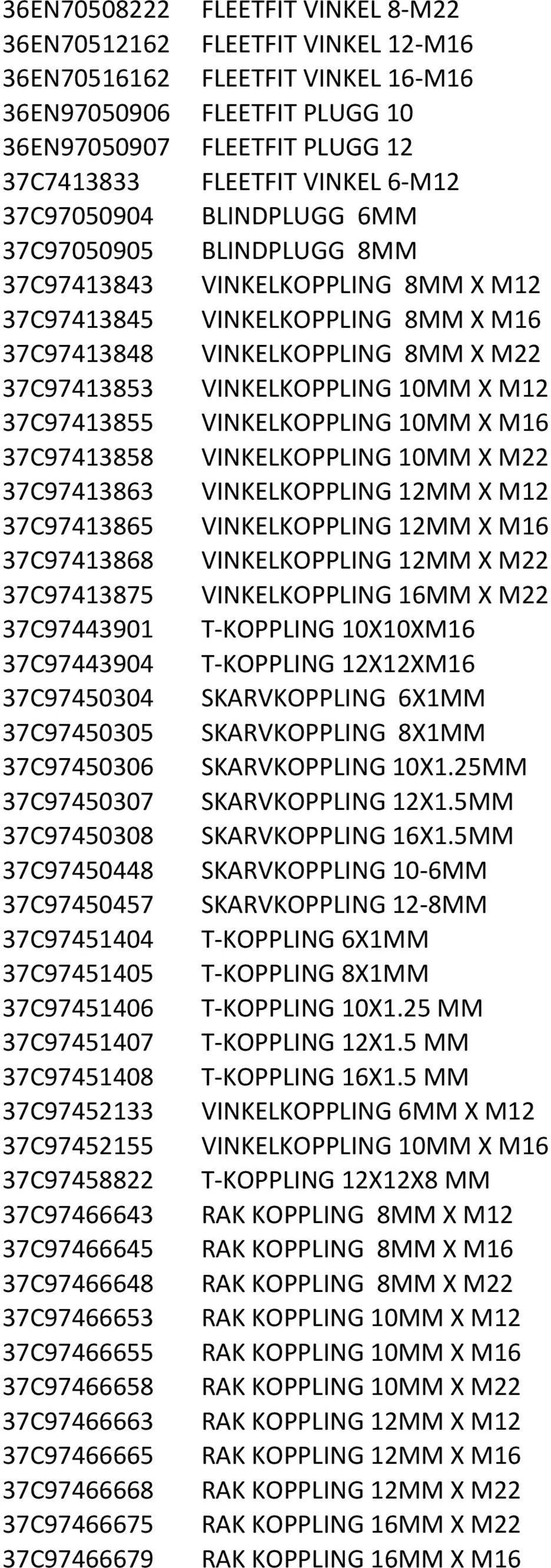 10MM X M12 37C97413855 VINKELKOPPLING 10MM X M16 37C97413858 VINKELKOPPLING 10MM X M22 37C97413863 VINKELKOPPLING 12MM X M12 37C97413865 VINKELKOPPLING 12MM X M16 37C97413868 VINKELKOPPLING 12MM X