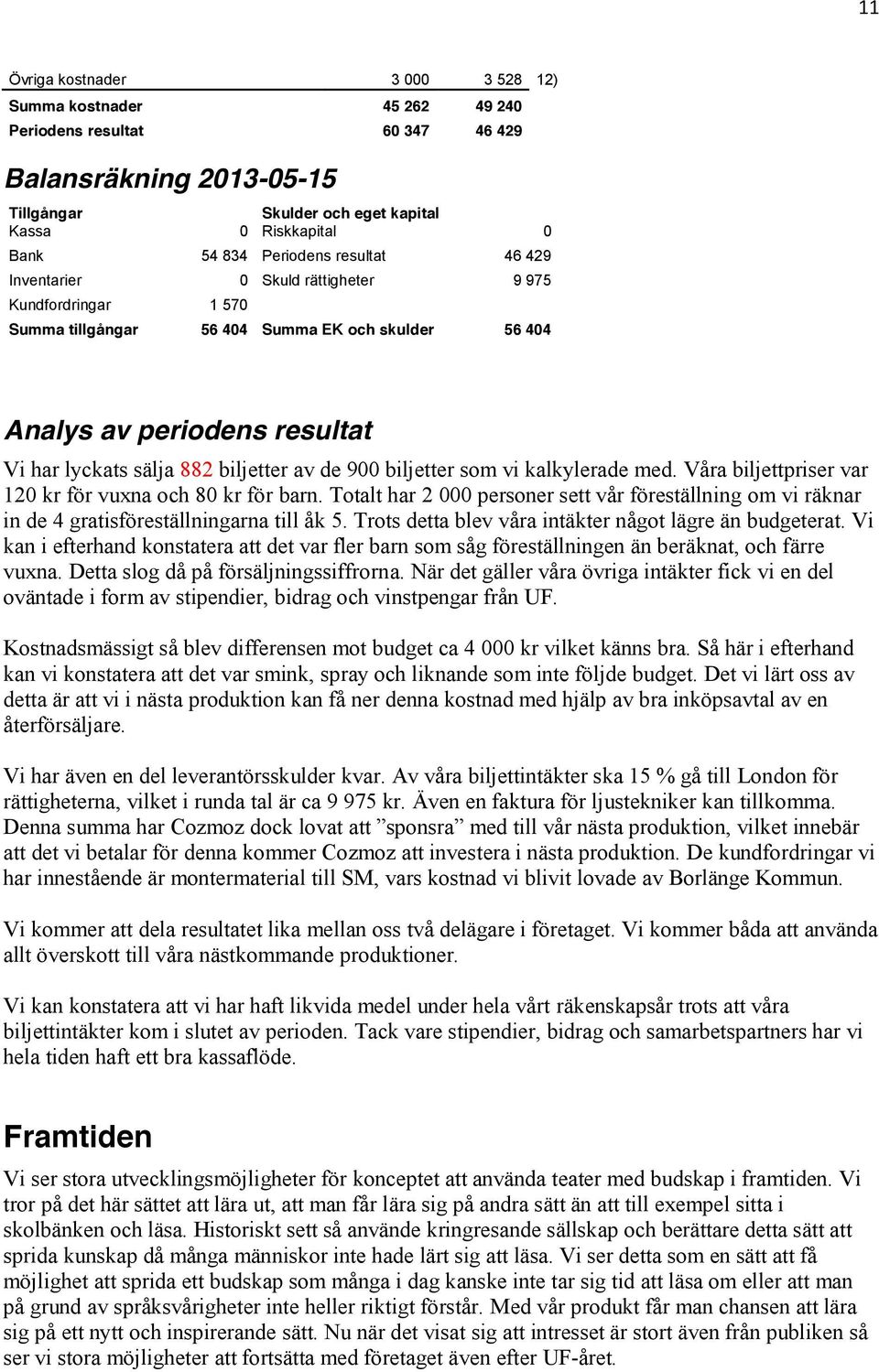 biljetter av de 900 biljetter som vi kalkylerade med. Våra biljettpriser var 120 kr för vuxna och 80 kr för barn.