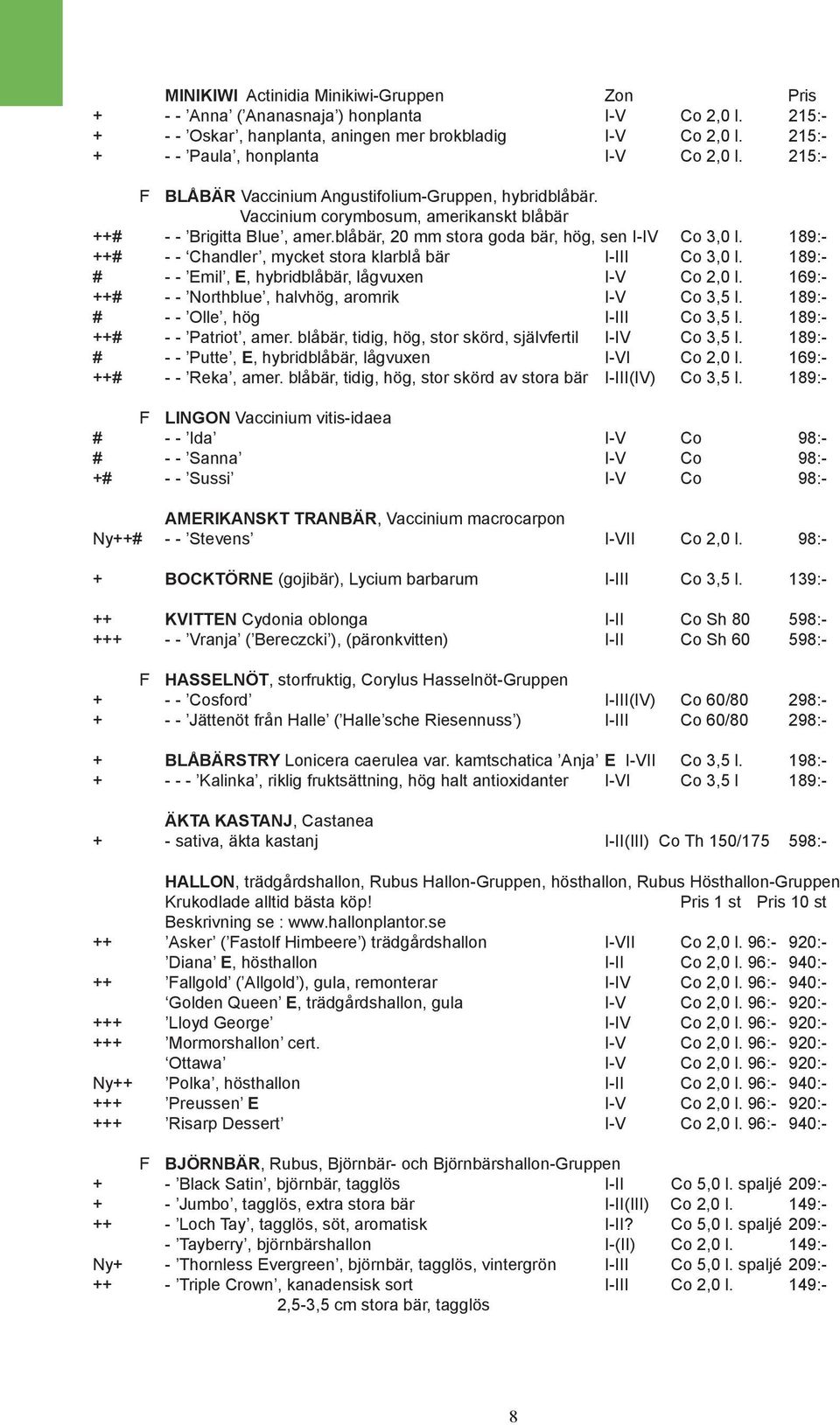 blåbär, 20 mm stora goda bär, hög, sen I-IV Co 3,0 l. 189:- ++# - - Chandler, mycket stora klarblå bär I-III Co 3,0 l. 189:- # - - Emil, E, hybridblåbär, lågvuxen I-V Co 2,0 l.