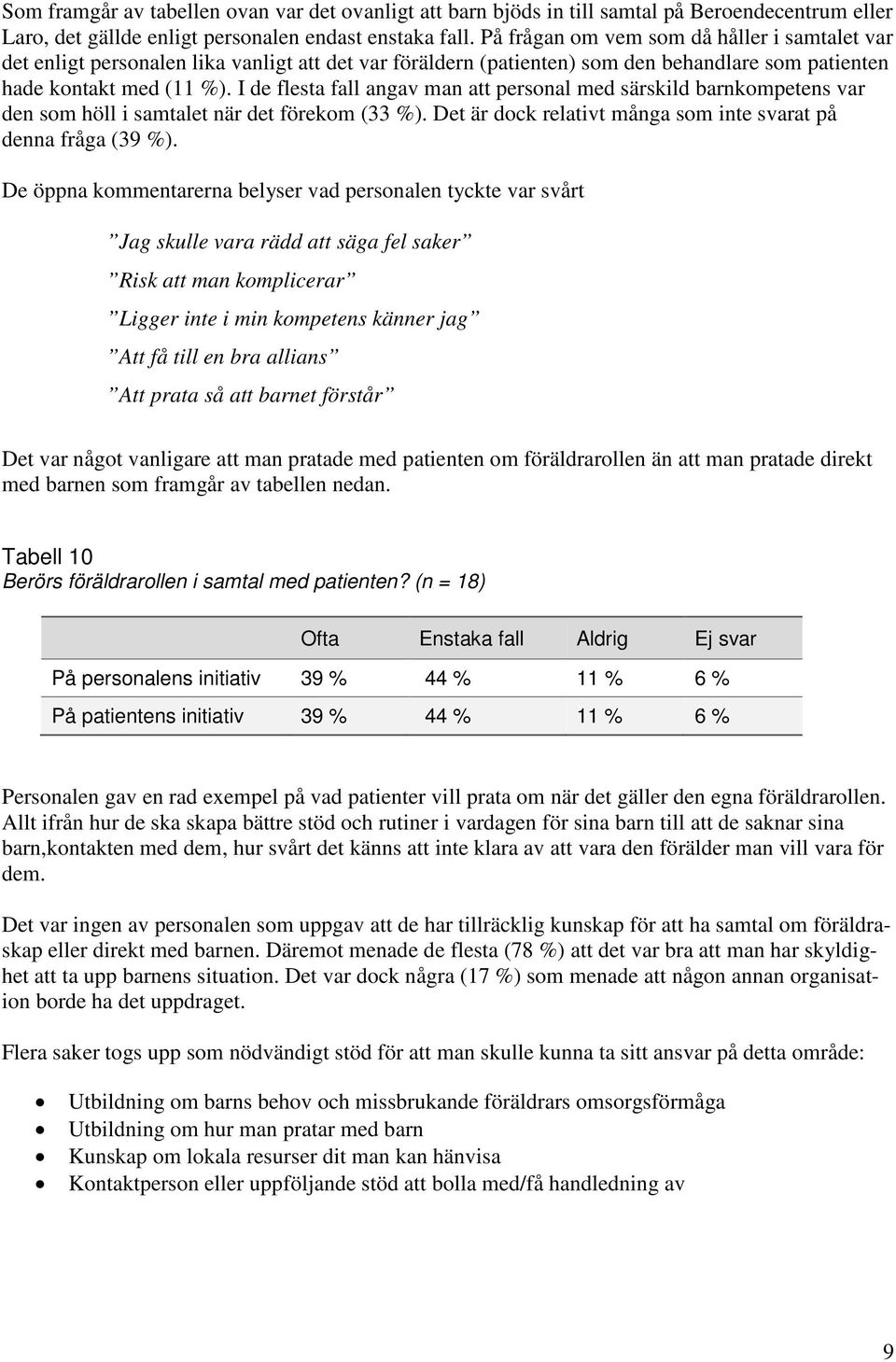 I de flesta fall angav man att personal med särskild barnkompetens var den som höll i samtalet när det förekom (33 %). Det är dock relativt många som inte svarat på denna fråga (39 %).