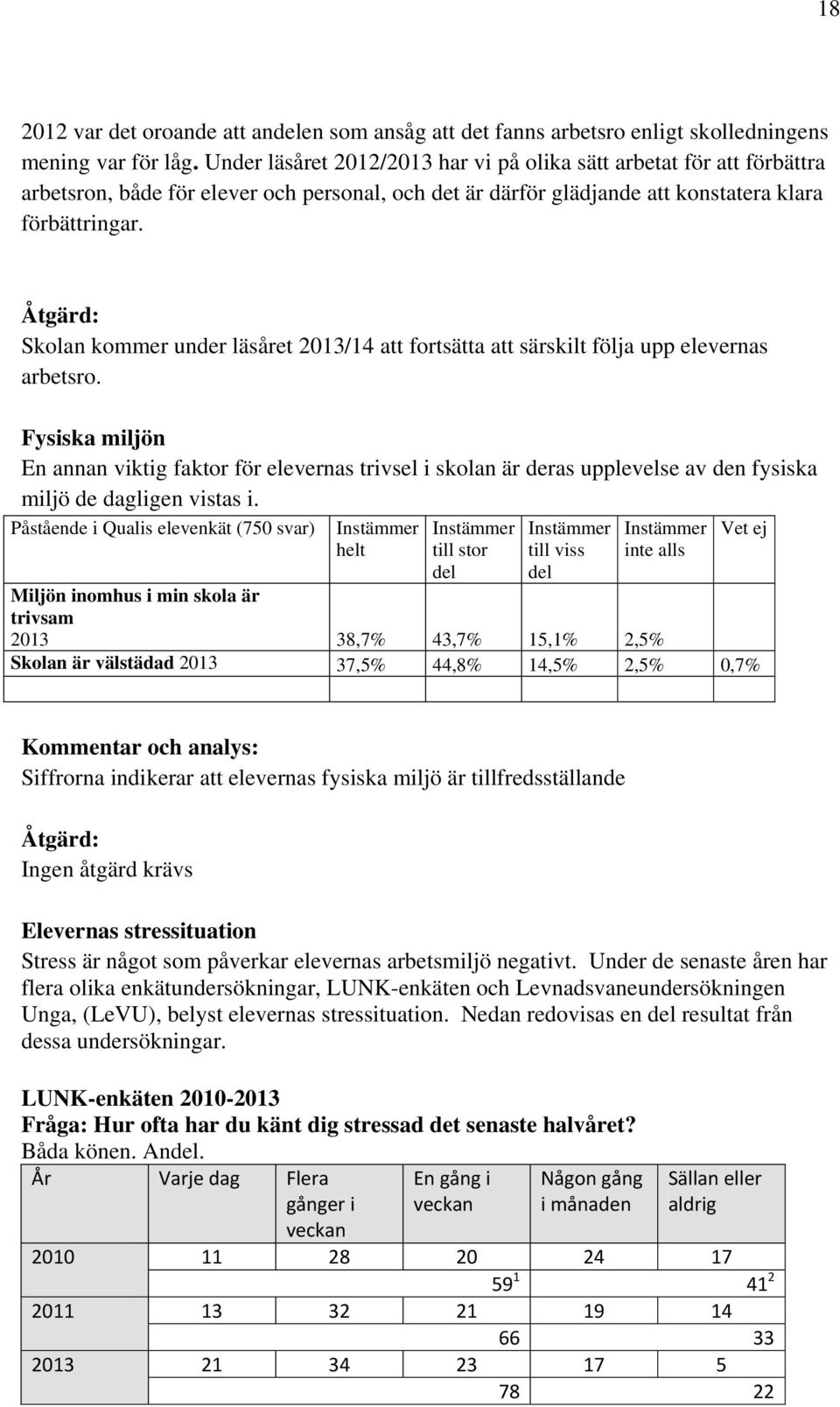 Åtgärd: Skolan kommer under läsåret 2013/14 att fortsätta att särskilt följa upp elevernas arbetsro.