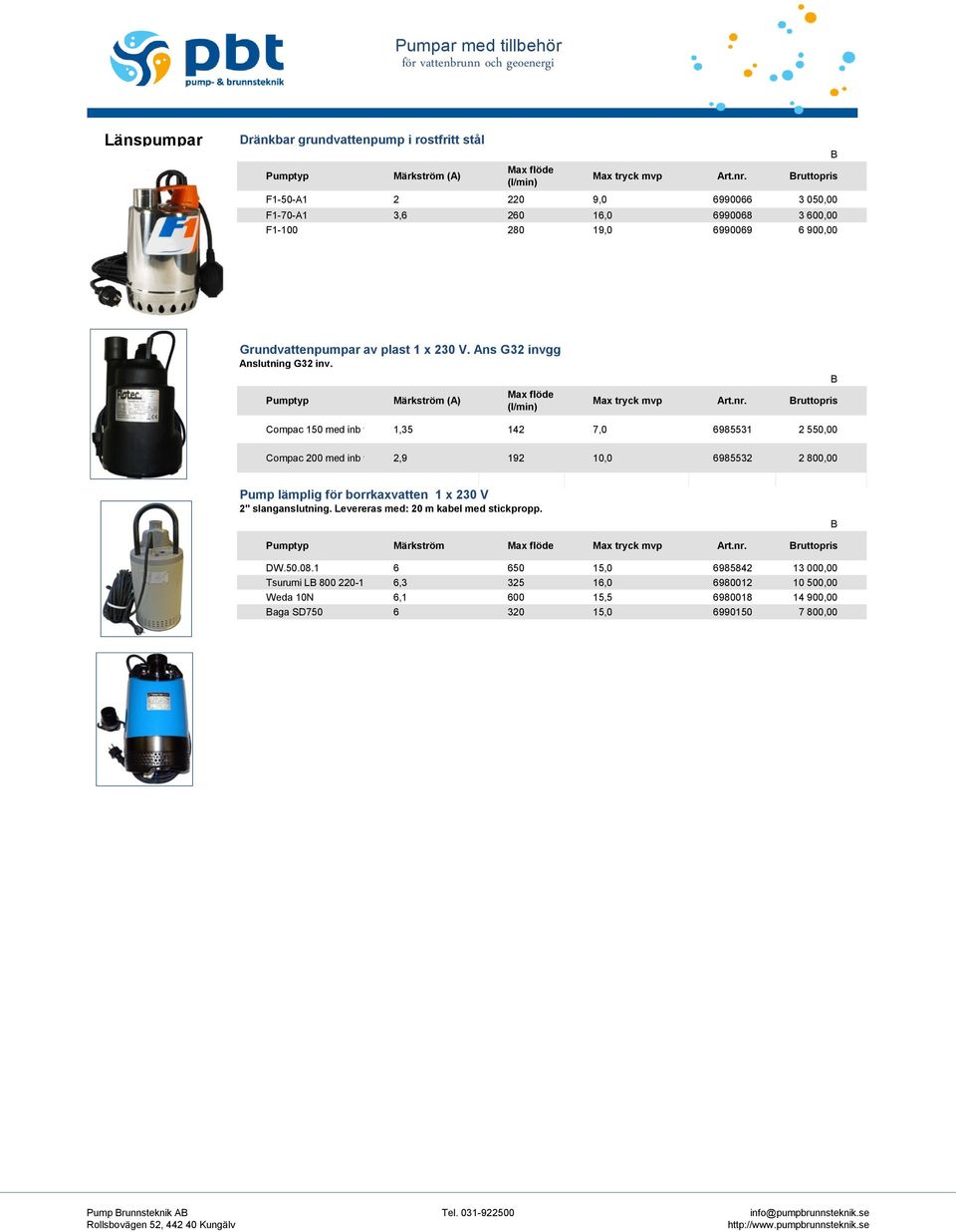 Pumptyp Märkström (A) Max flöde (l/min) Max tryck mvp Compac 150 med inb vippa 1,35 142 7,0 6985531 2 550,00 Compac 200 med inb vippa 2,9 192 10,0 6985532 2 800,00 Pump lämplig för borrkaxvatten