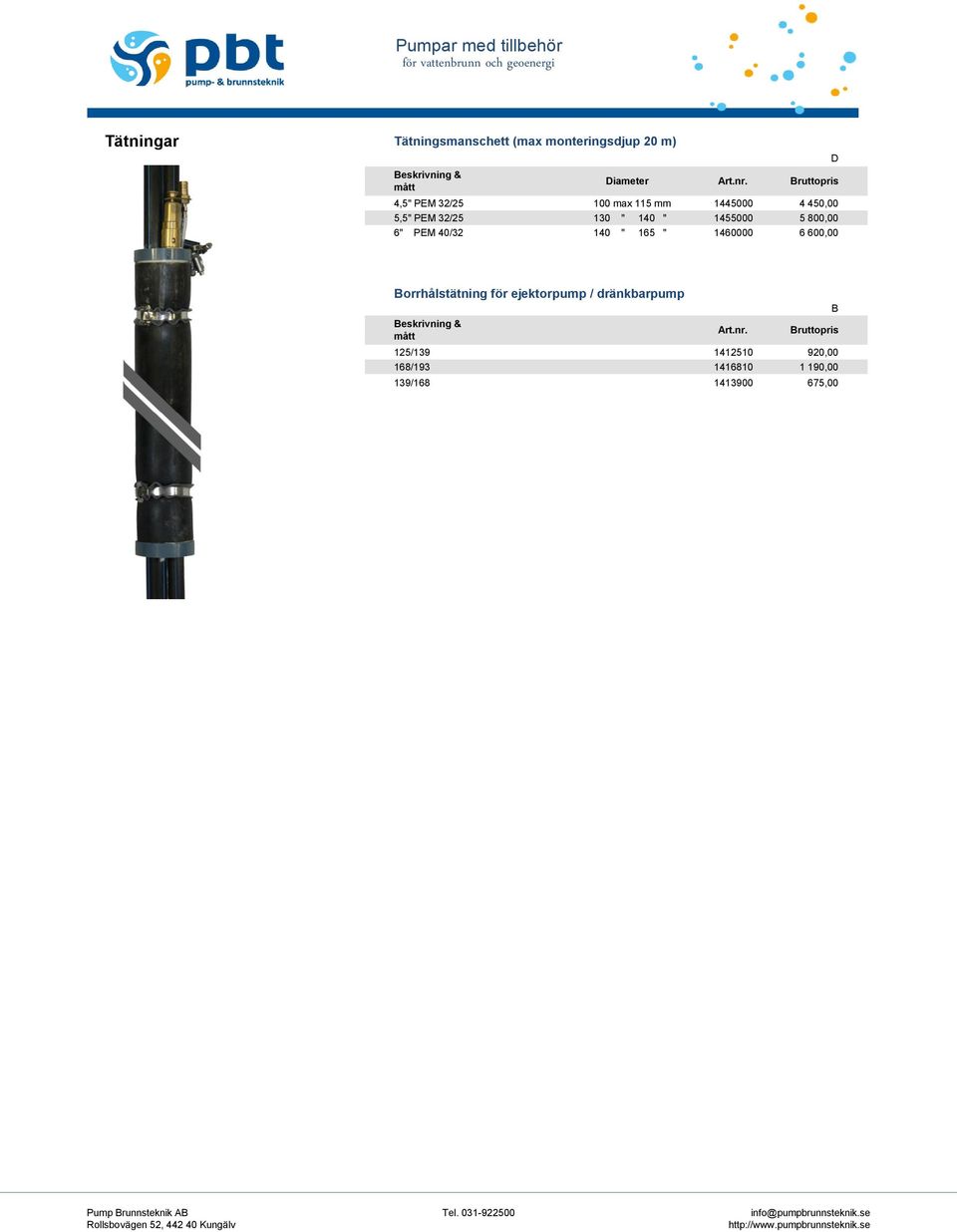 40/32 140 " 165 " 1460000 6 600,00 D orrhålstätning för ejektorpump / dränkbarpump eskrivning &