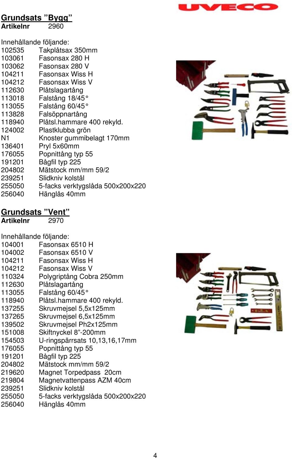 124002 Plastklubba grön N1 Knoster gummibelagt 170mm 136401 Pryl 5x60mm 176055 Popnittång typ 55 191201 Bågfil typ 225 204802 Mätstock mm/mm 59/2 239251 Slidkniv kolstål 255050 5-facks verktygslåda