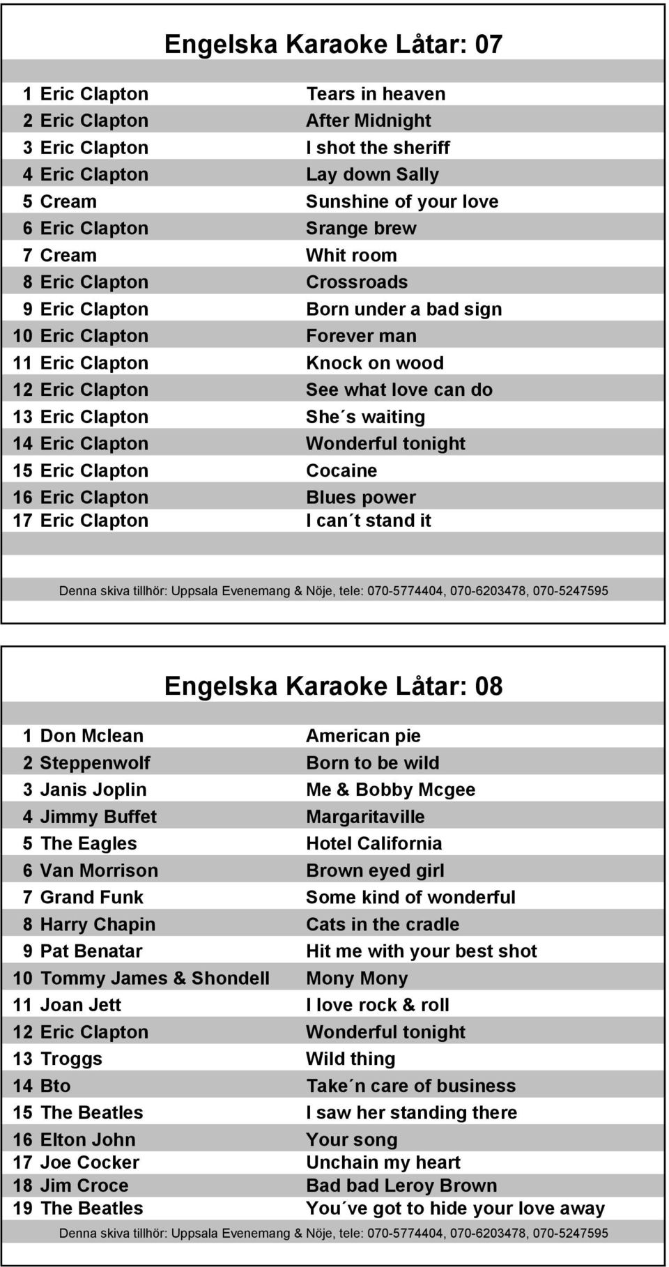 Clapton She s waiting 14 Eric Clapton Wonderful tonight 15 Eric Clapton Cocaine 16 Eric Clapton Blues power 17 Eric Clapton I can t stand it Engelska Karaoke Låtar: 08 1 Don Mclean American pie 2