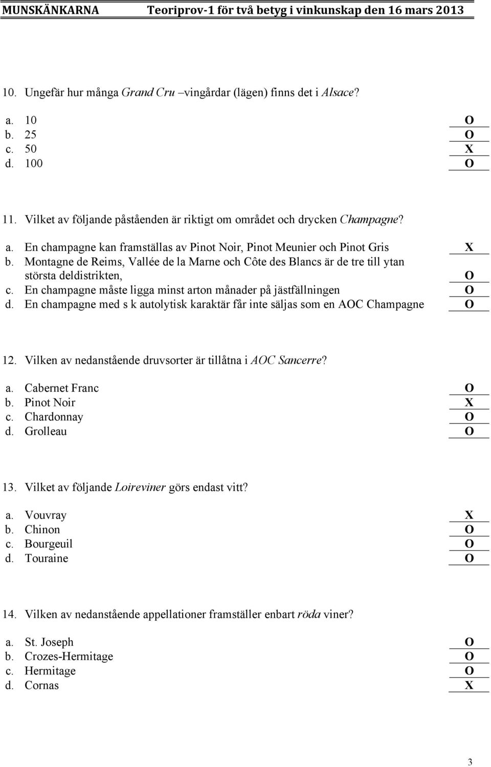 En champagne med s k autolytisk karaktär får inte säljas som en AOC Champagne O 12. Vilken av nedanstående druvsorter är tillåtna i AOC Sancerre? a. Cabernet Franc O b. Pinot Noir X c. Chardonnay O d.