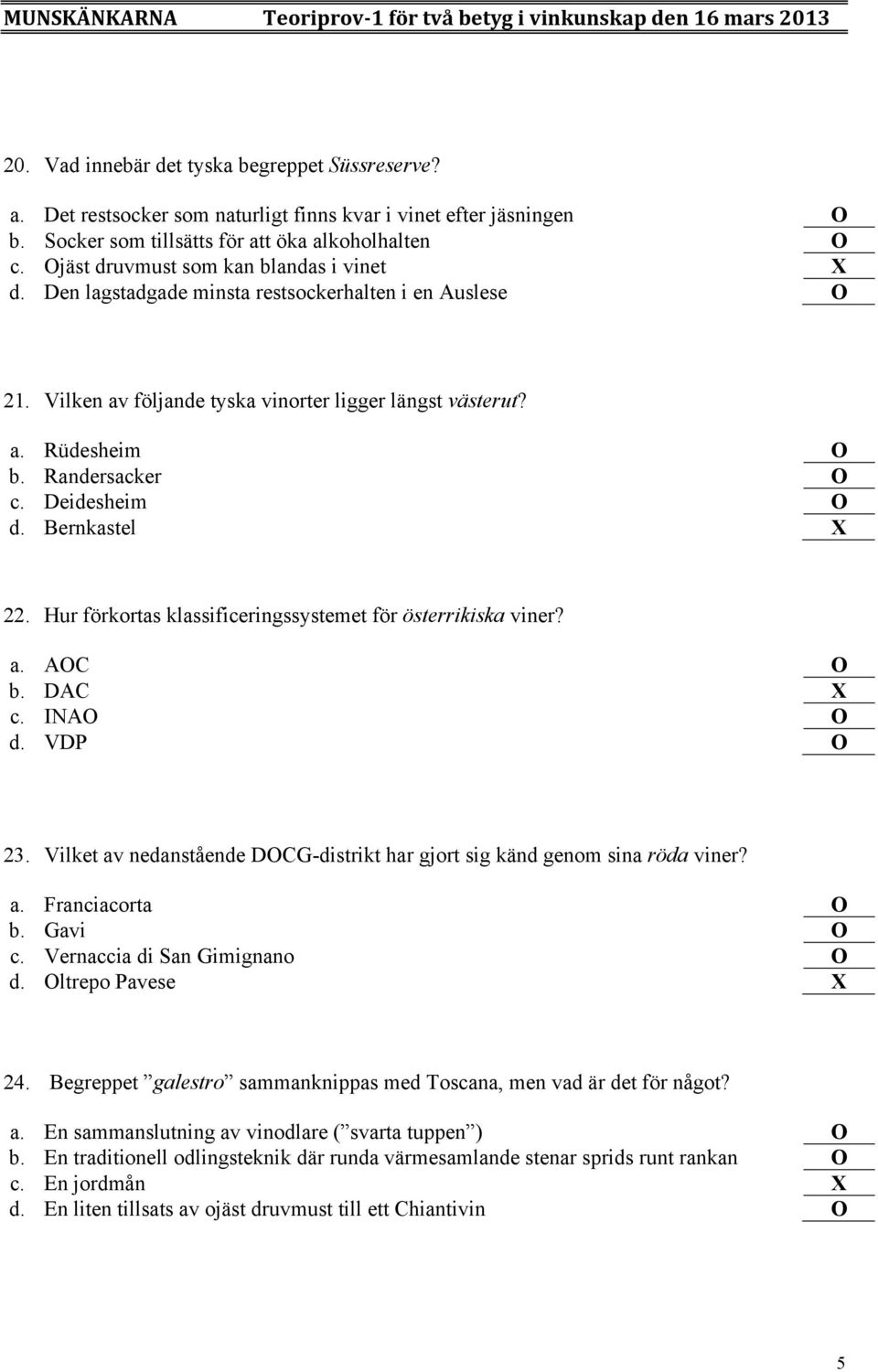 Deidesheim O d. Bernkastel X 22. Hur förkortas klassificeringssystemet för österrikiska viner? a. AOC O b. DAC X c. INAO O d. VDP O 23.