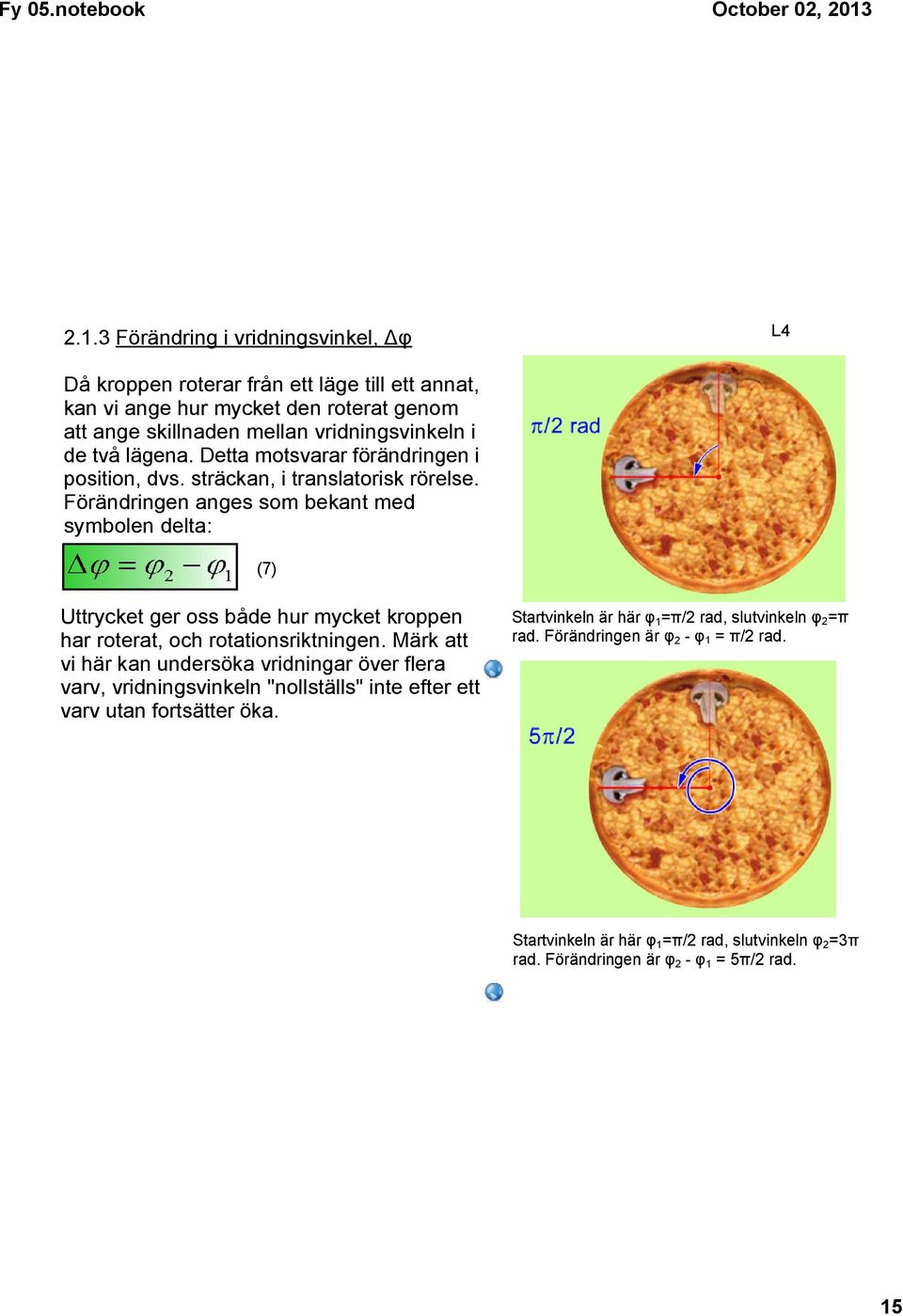 Förändringen anges som bekant med symbolen delta: (7) Uttrycket ger oss både hur mycket kroppen har roterat, och rotationsriktningen.