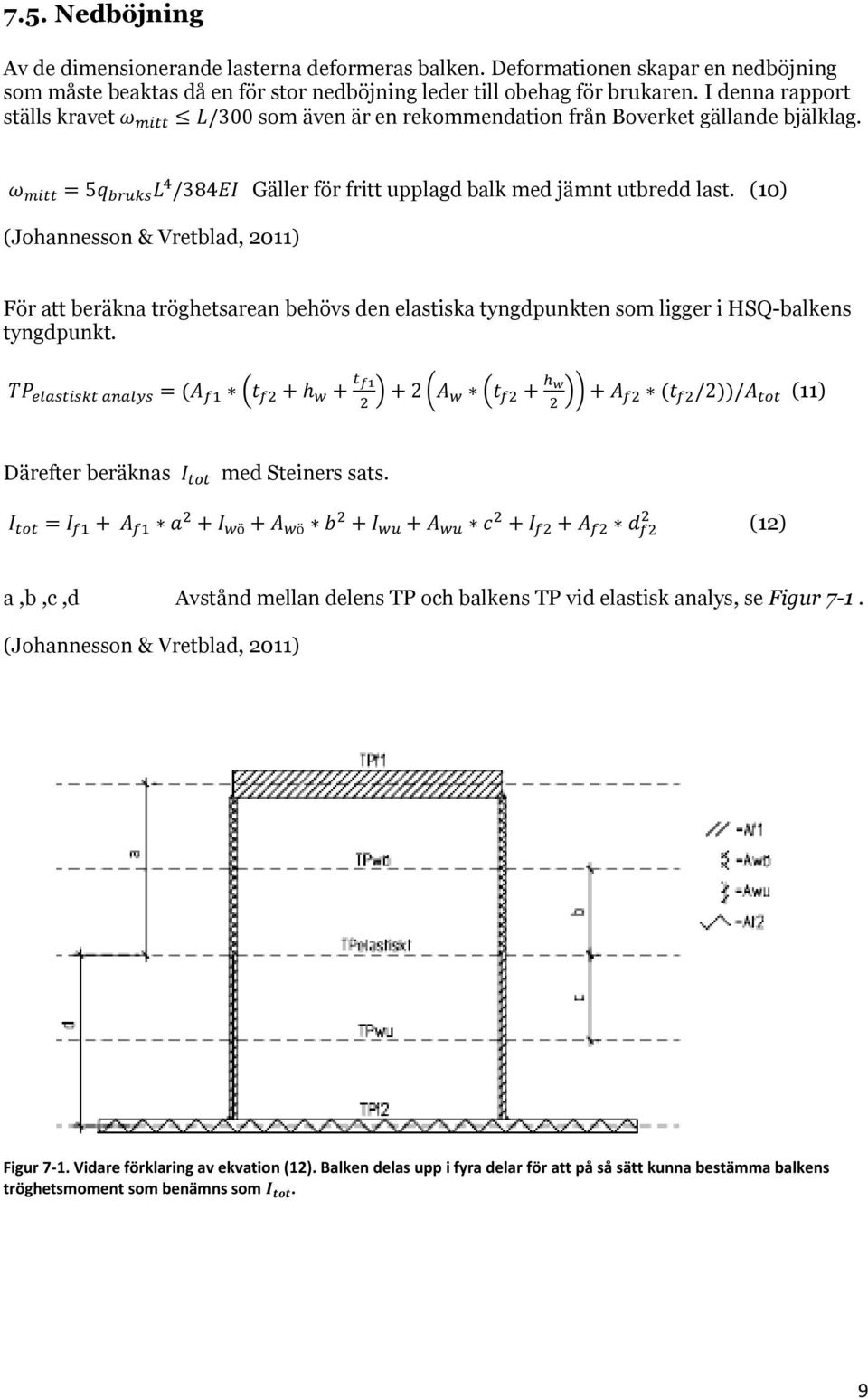 (10) (Johannesson & Vretblad, 2011) För att beräkna tröghetsarean behövs den elastiska tyngdpunkten som ligger i HSQ-balkens tyngdpunkt.