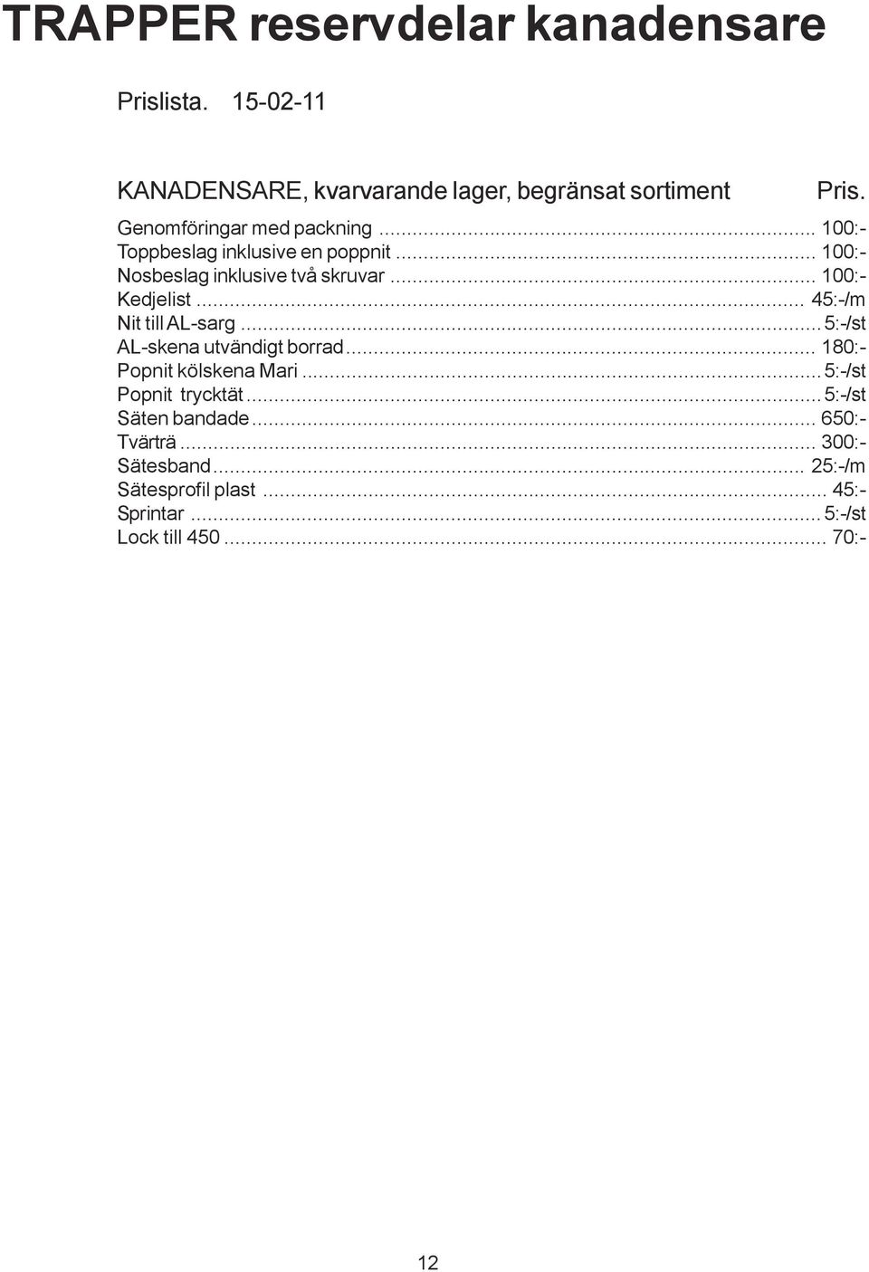 .. 100:- Kedjelist... 45:-/m Nit till AL-sarg...5:-/st AL-skena utvändigt borrad... 180:- Popnit kölskena Mari.