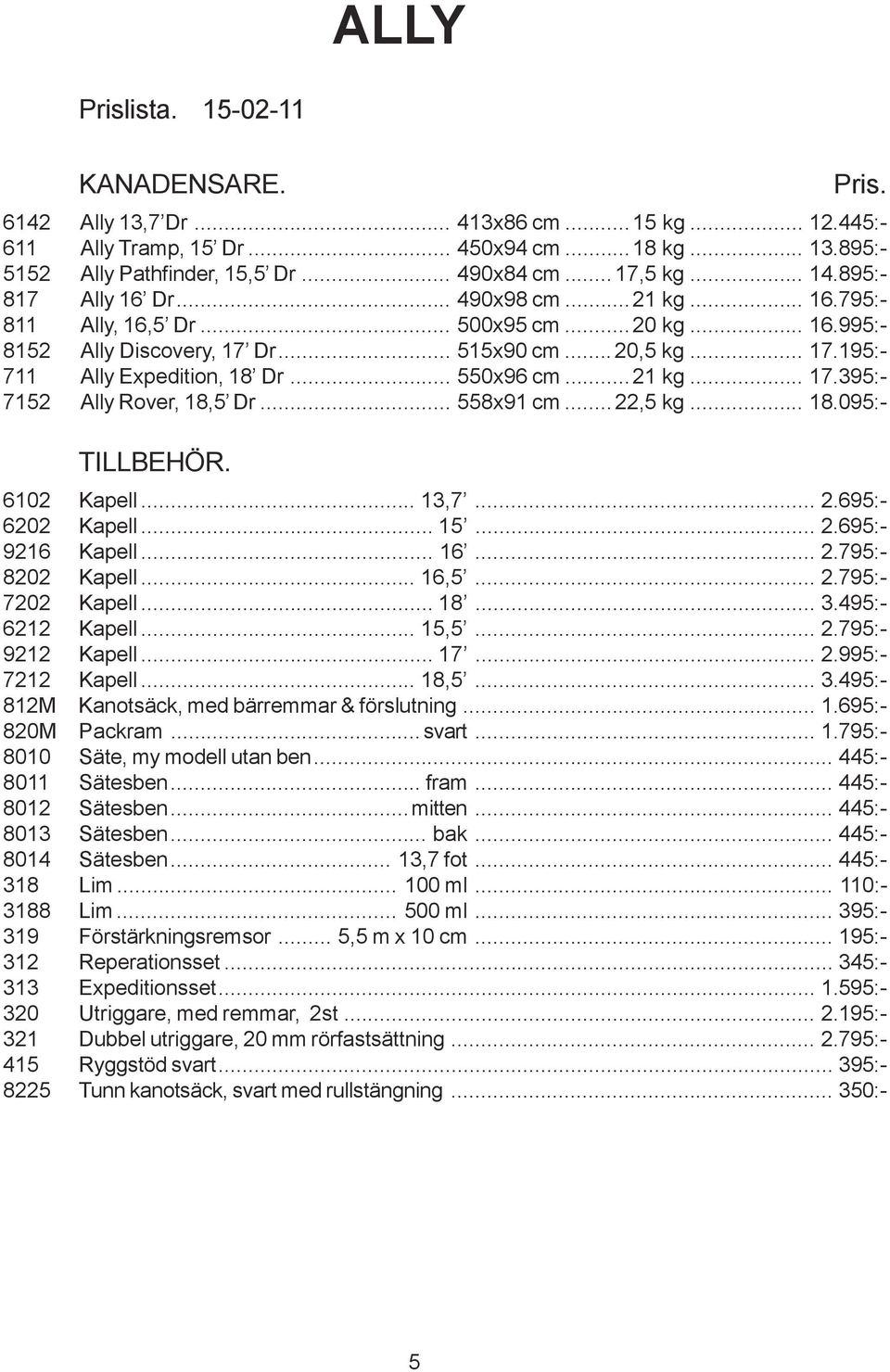 .. 550x96 cm...21 kg... 17.395:- 7152 Ally Rover, 18,5 Dr... 558x91 cm...22,5 kg... 18.095:- TILLBEHÖR. 6102 Kapell... 13,7... 2.695:- 6202 Kapell... 15... 2.695:- 9216 Kapell... 16... 2.795:- 8202 Kapell.