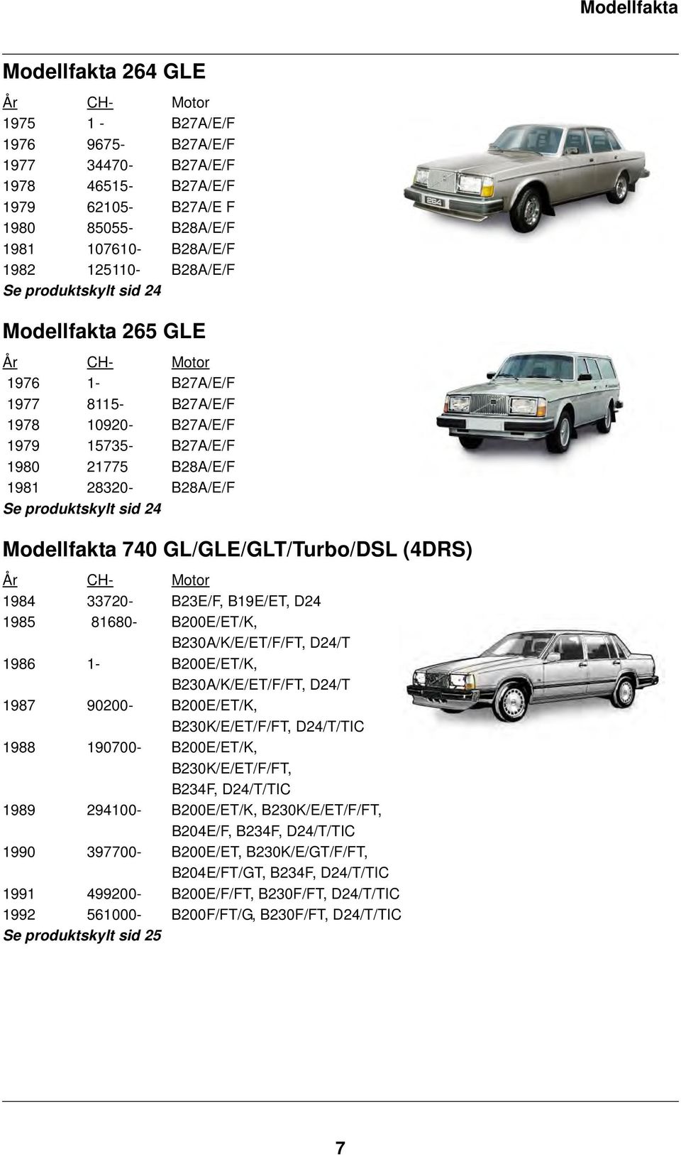 produktskylt sid 24 Modellfakta 740 GL/GLE/GLT/Turbo/DSL (4DRS) År CH- Motor 1984 33720- B23E/F, B19E/ET, D24 1985 81680- B200E/ET/K, B230A/K/E/ET/F/FT, D24/T 1986 1- B200E/ET/K, B230A/K/E/ET/F/FT,