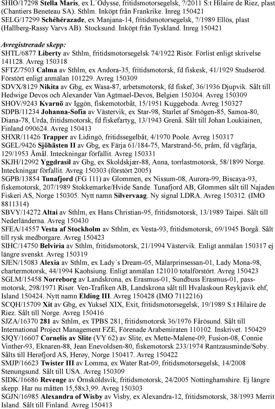 Inreg 150421 Avregistrerade skepp: SHTL/6877 Liberty av Sthlm, fritidsmotorsegelsk 74/1922 Risör. Förlist enligt skrivelse 141128.