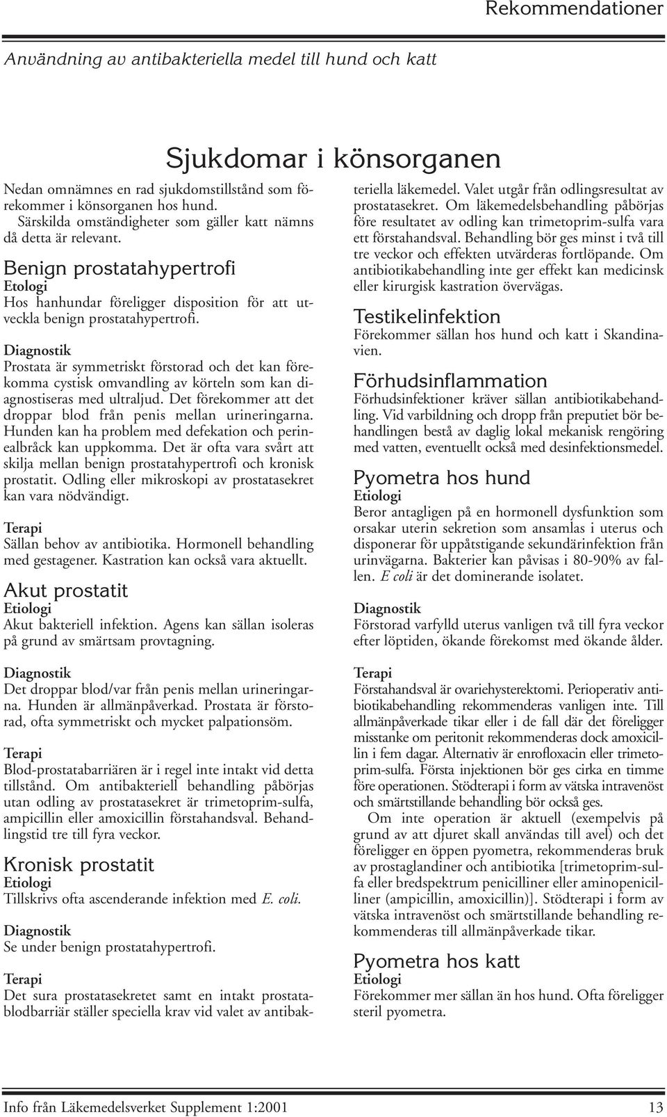 Diagnostik Prostata är symmetriskt förstorad och det kan förekomma cystisk omvandling av körteln som kan diagnostiseras med ultraljud.